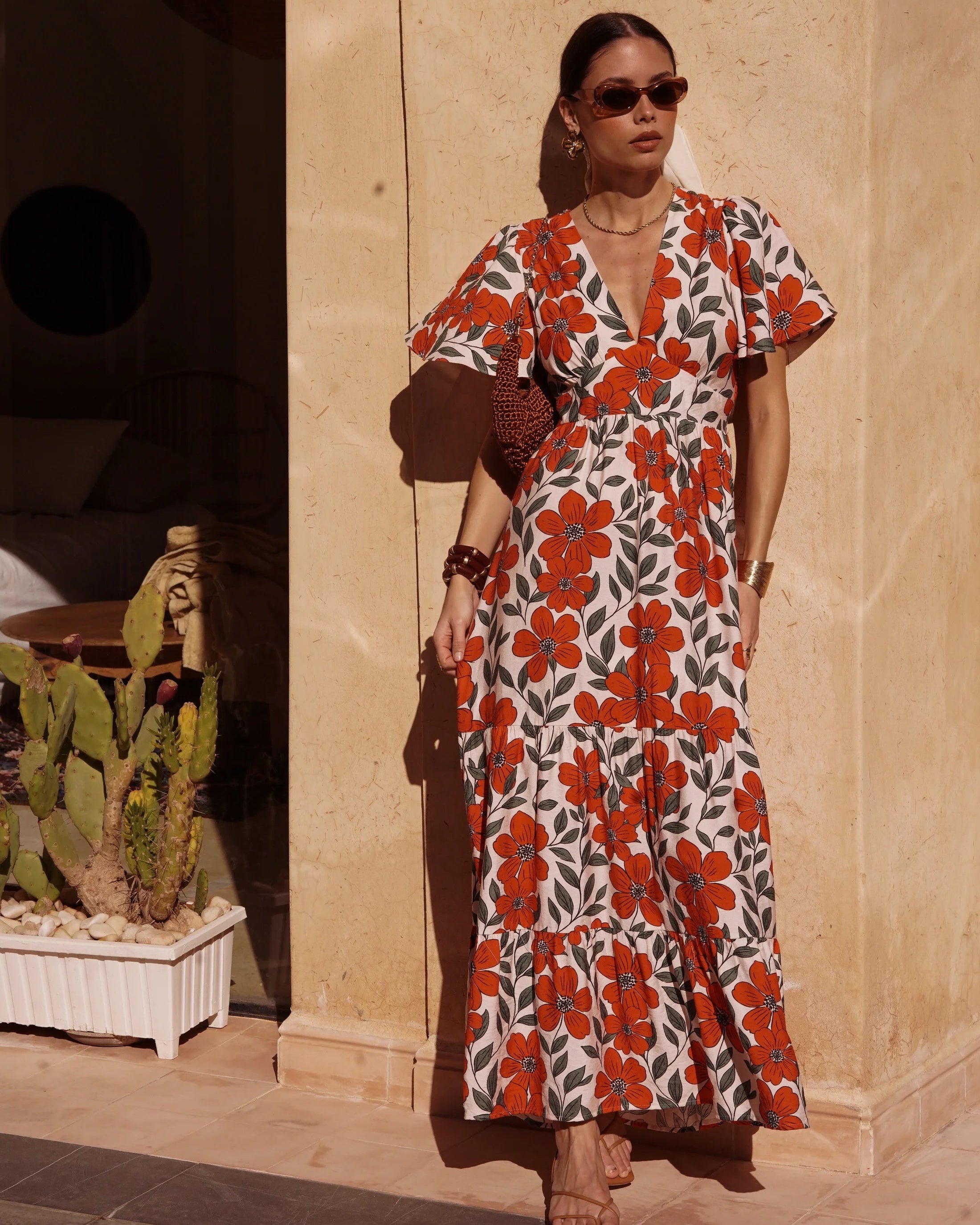 Juliette Dress - Khaki & Orange Floral