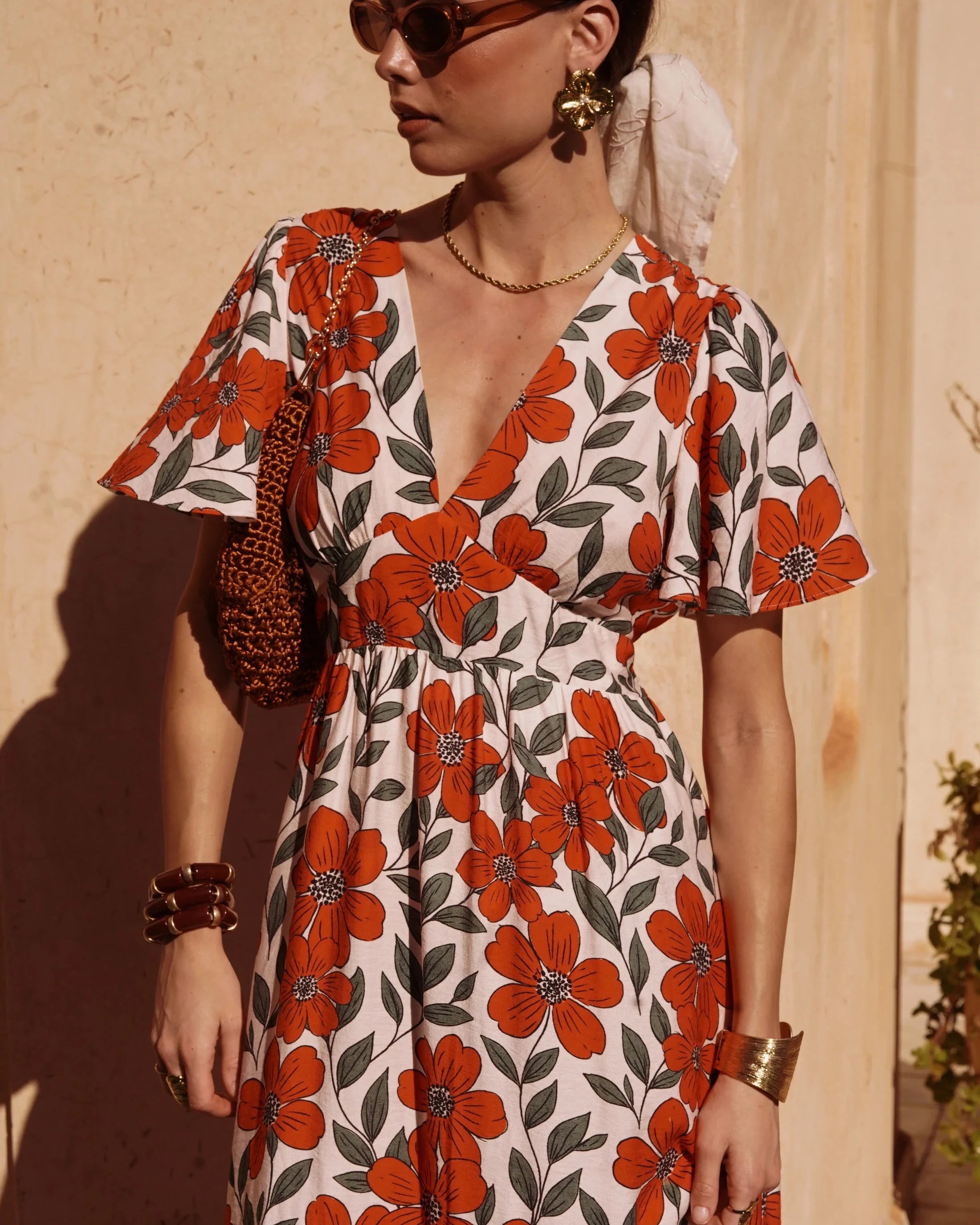 Juliette Dress - Khaki & Orange Floral