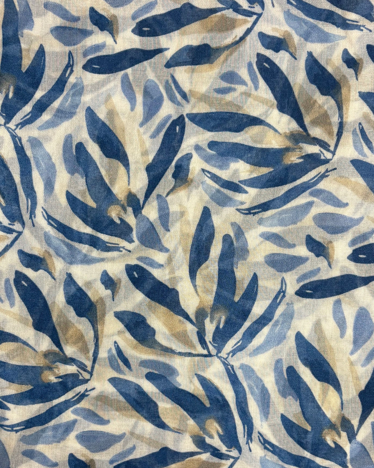 Blue & Tan Botanical Leaf - Tassel Scarf