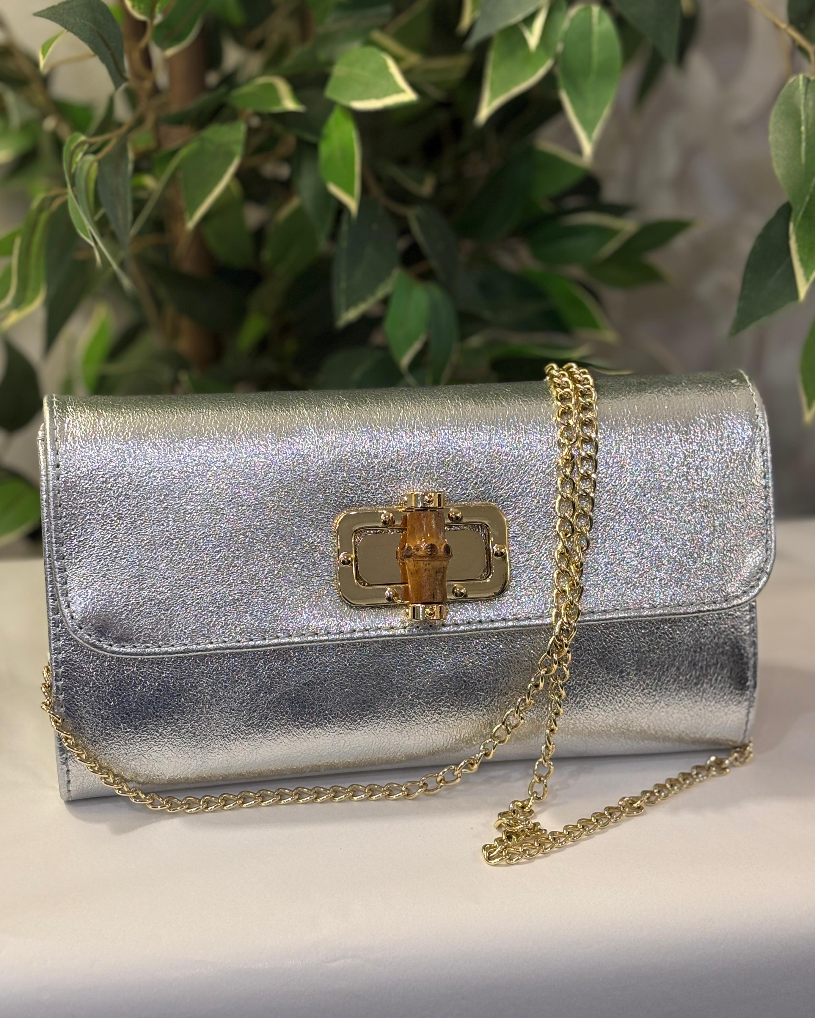 Calcata Metallic Leather Clutch - Silver