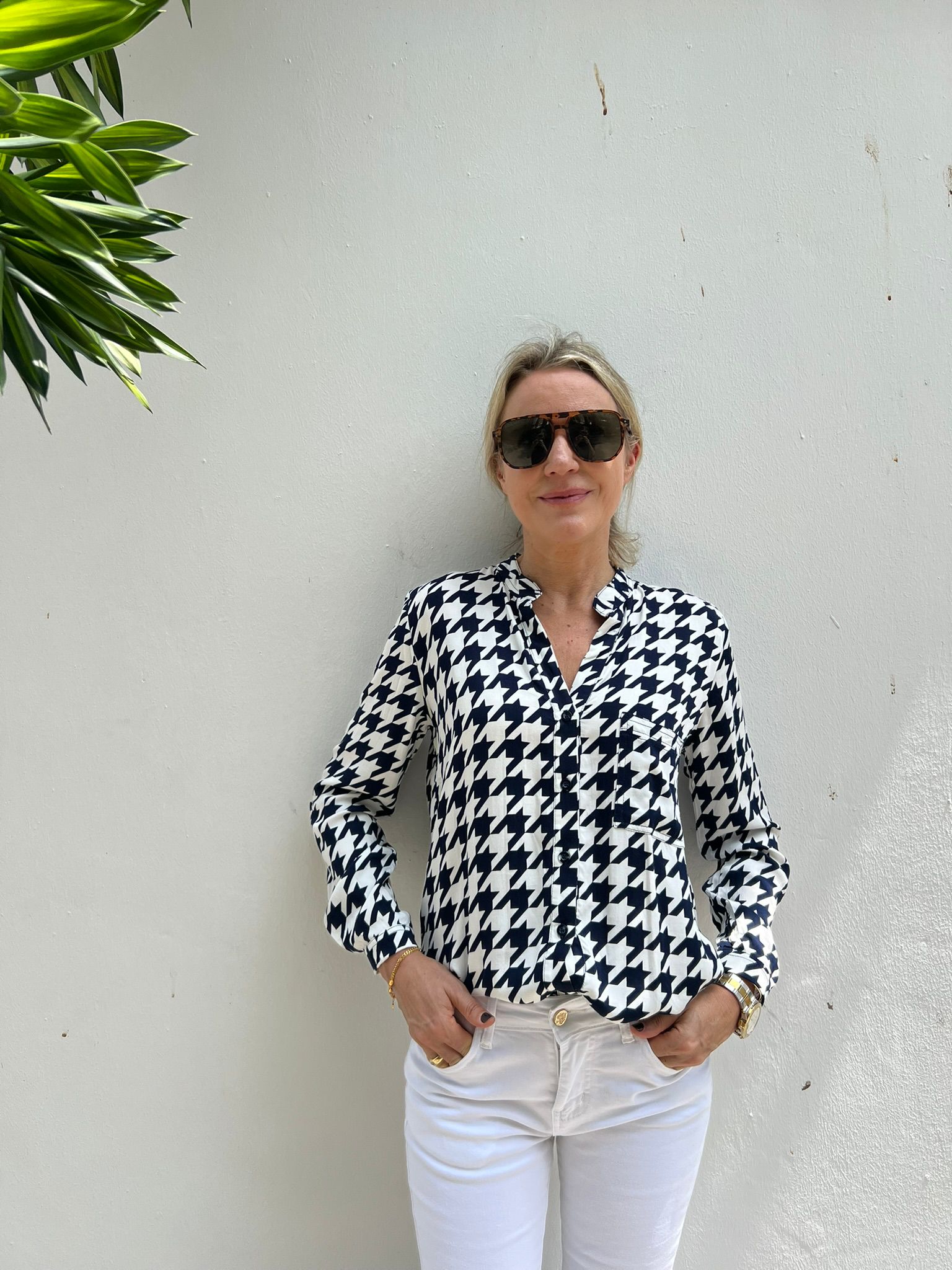 Eden Shirt - Navy/White Houndstooth Bamboo