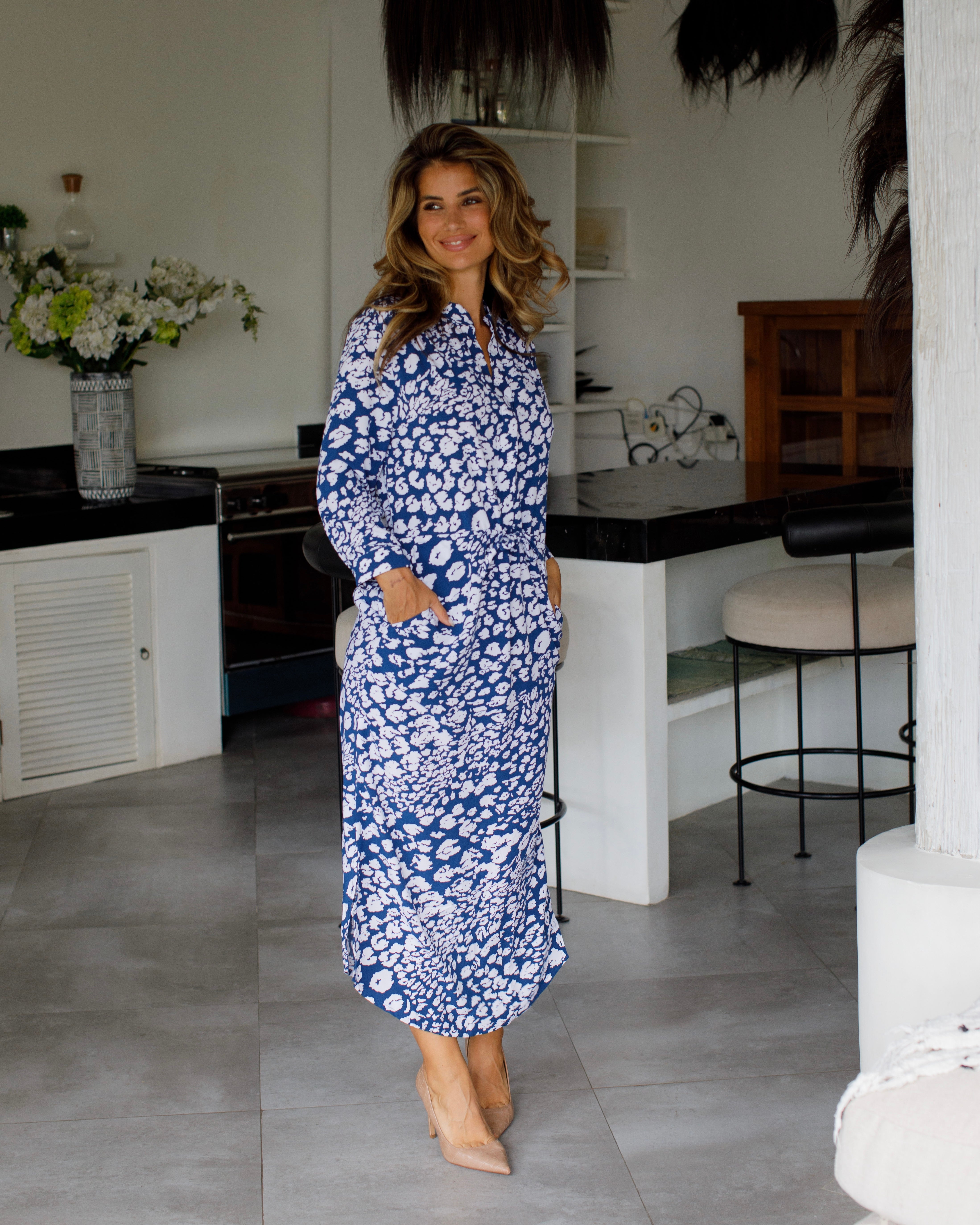 Eva Long Dress - Navy/White Leopard