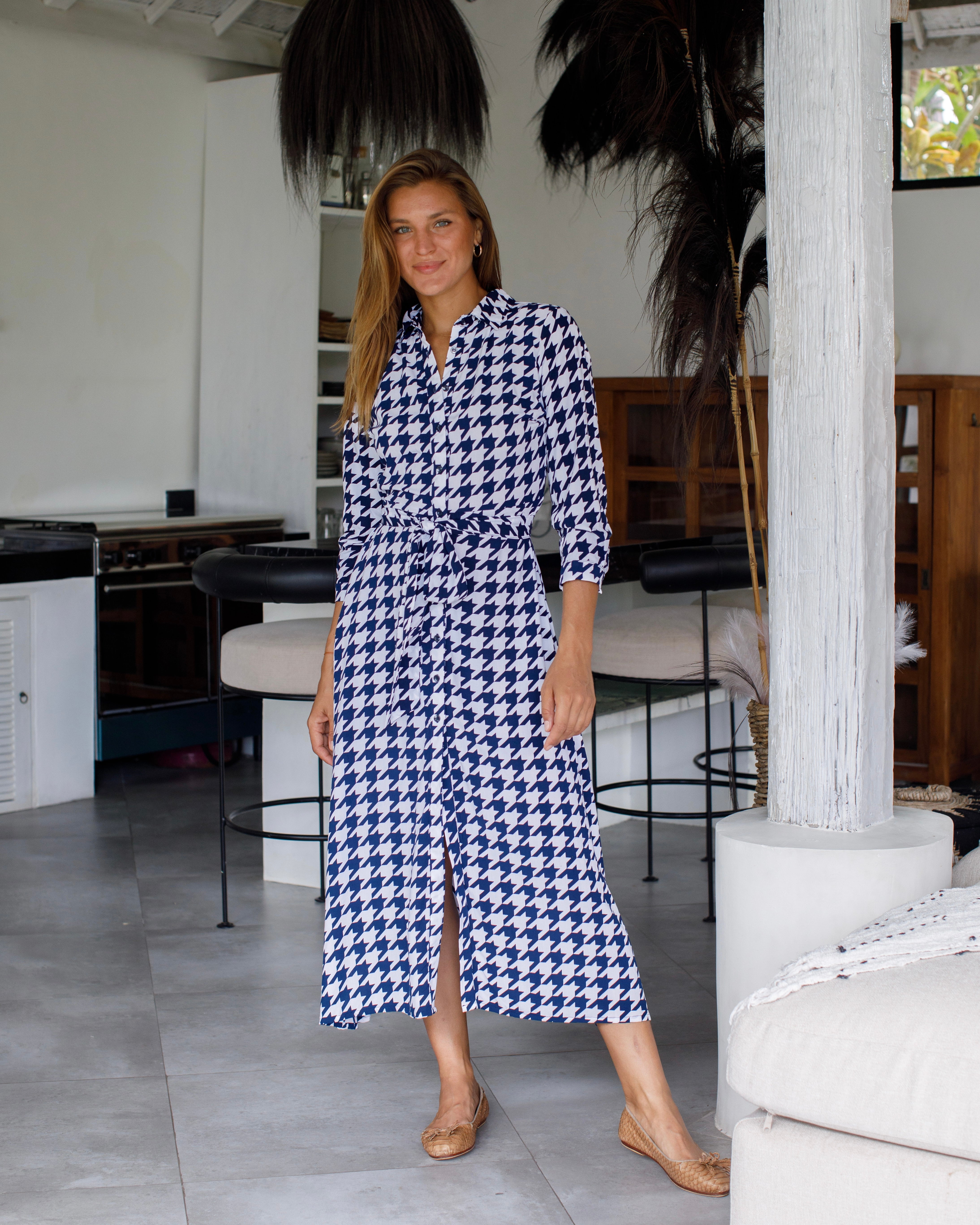 Florence Dress - Navy/White Houndstooth