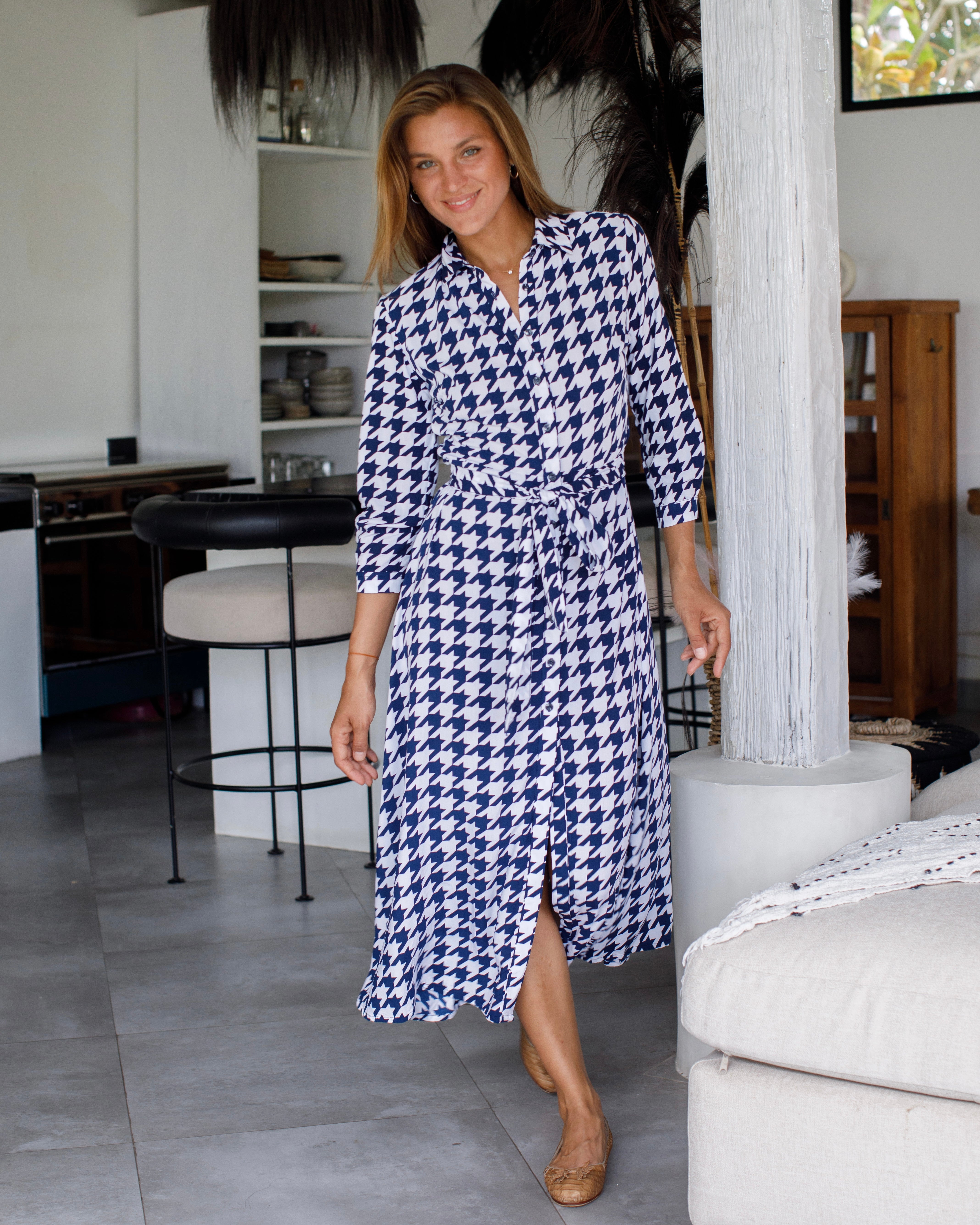 Florence Dress - Navy/White Houndstooth