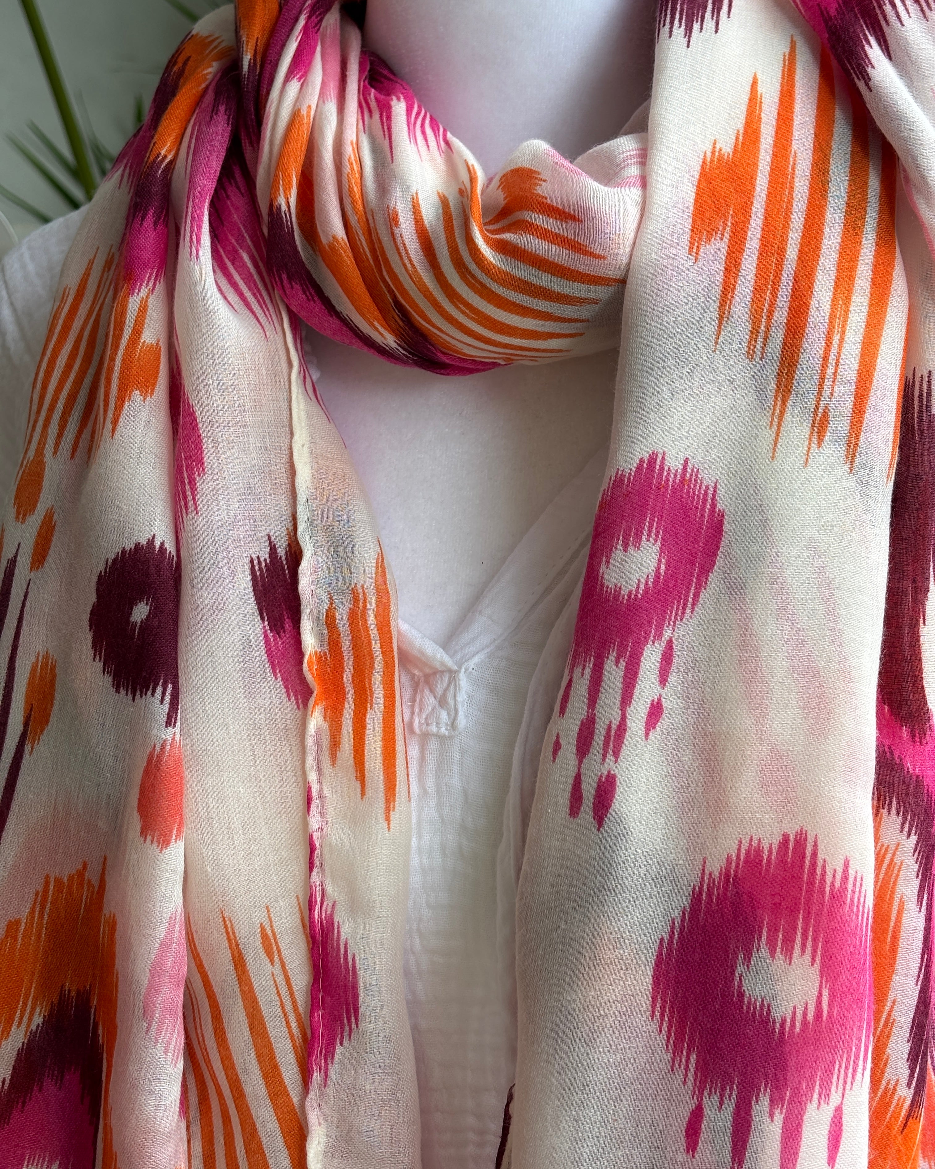 Orange & Fuchsia Ikat Wave Tassel Scarf