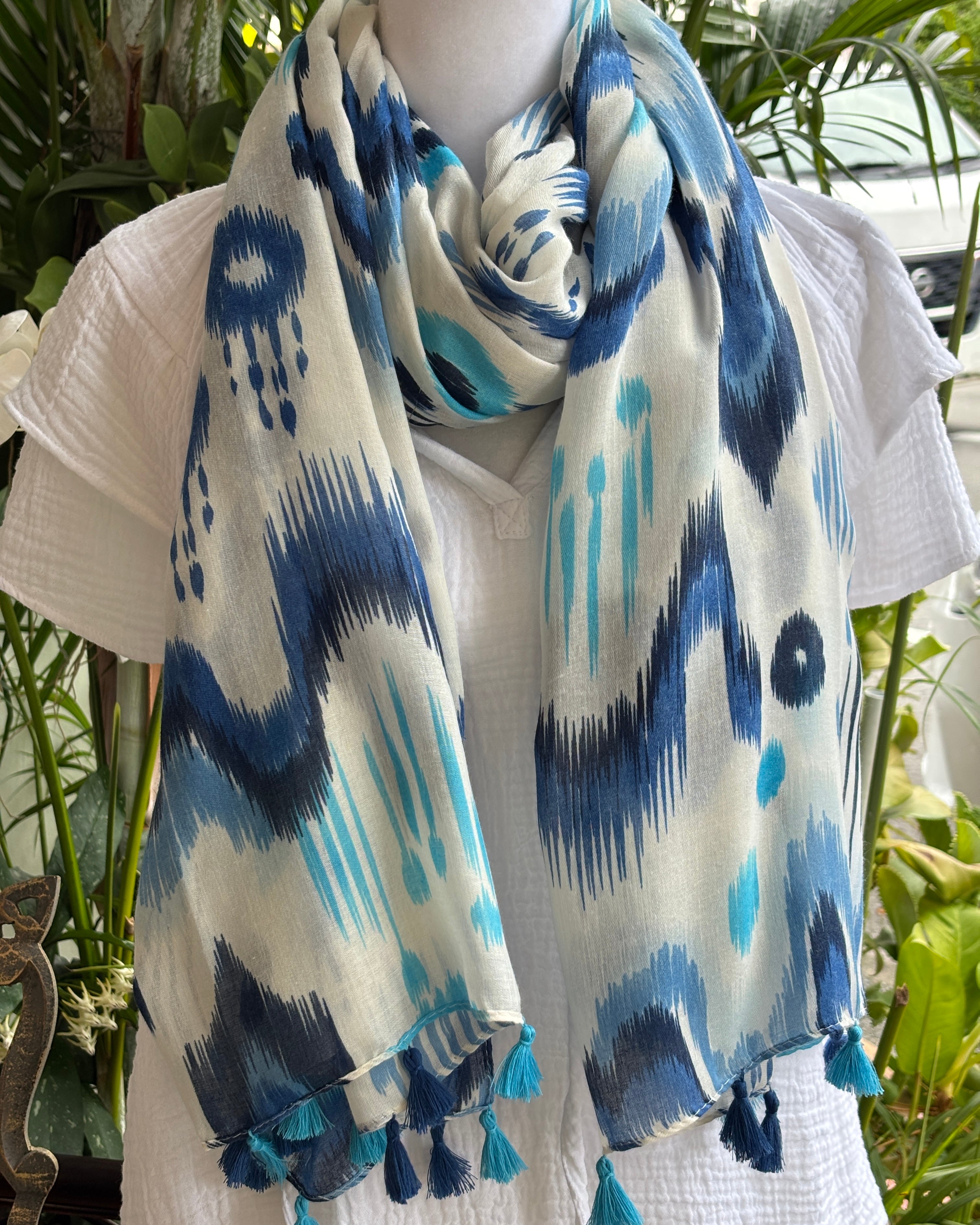Aqua & Blue Ikat Wave Tassel Scarf