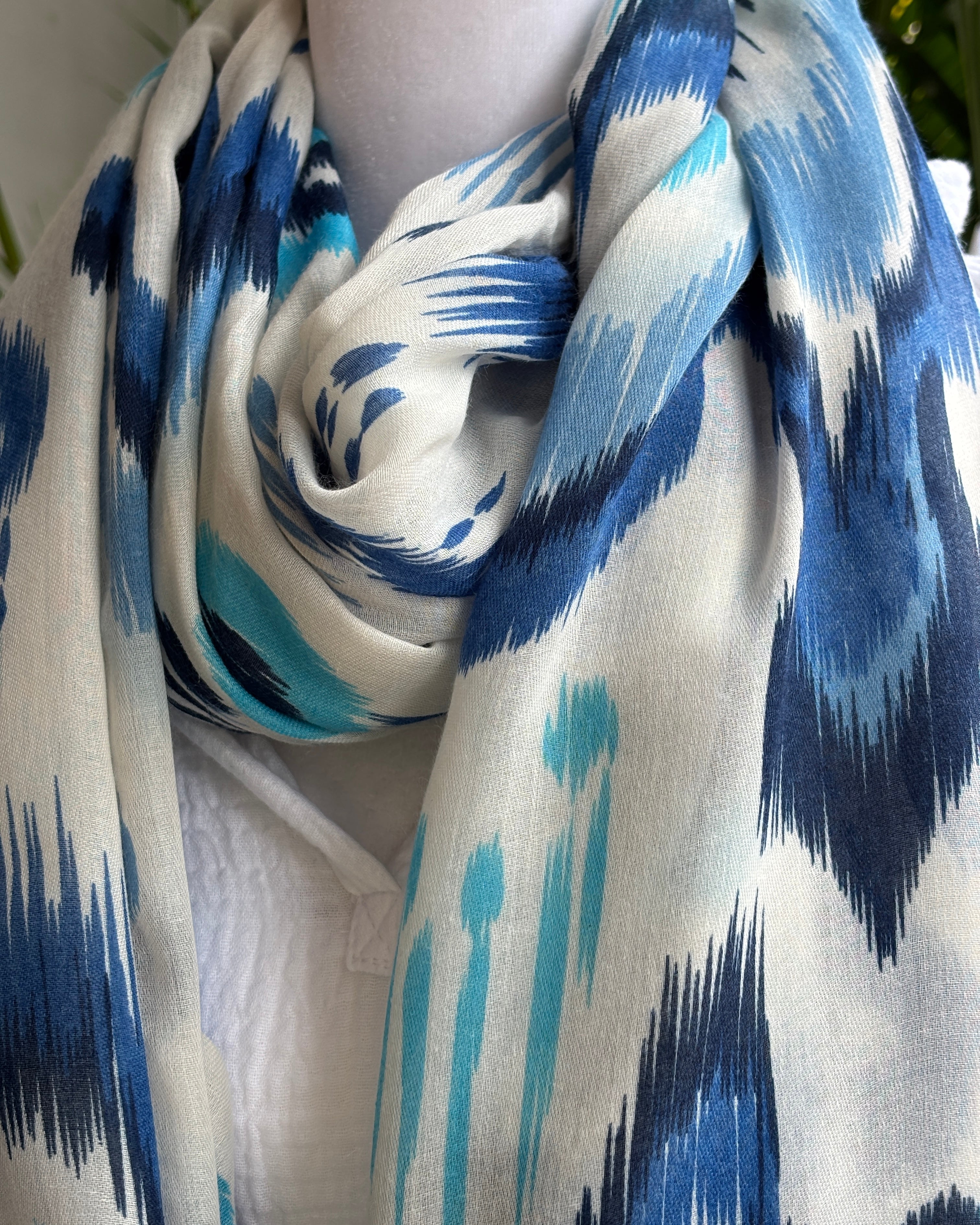 Aqua & Blue Ikat Wave Tassel Scarf