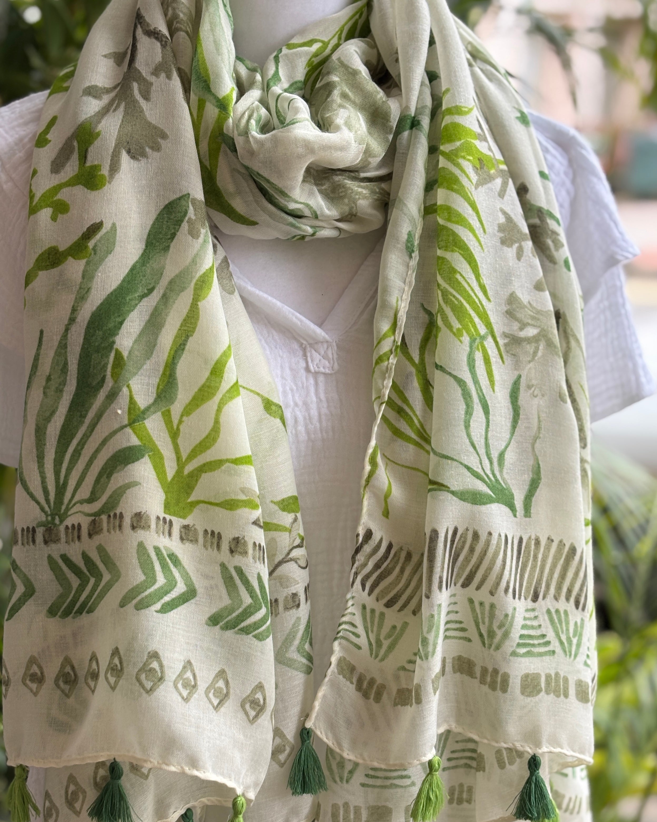 Green & Khaki Oceana Tassel Scarf