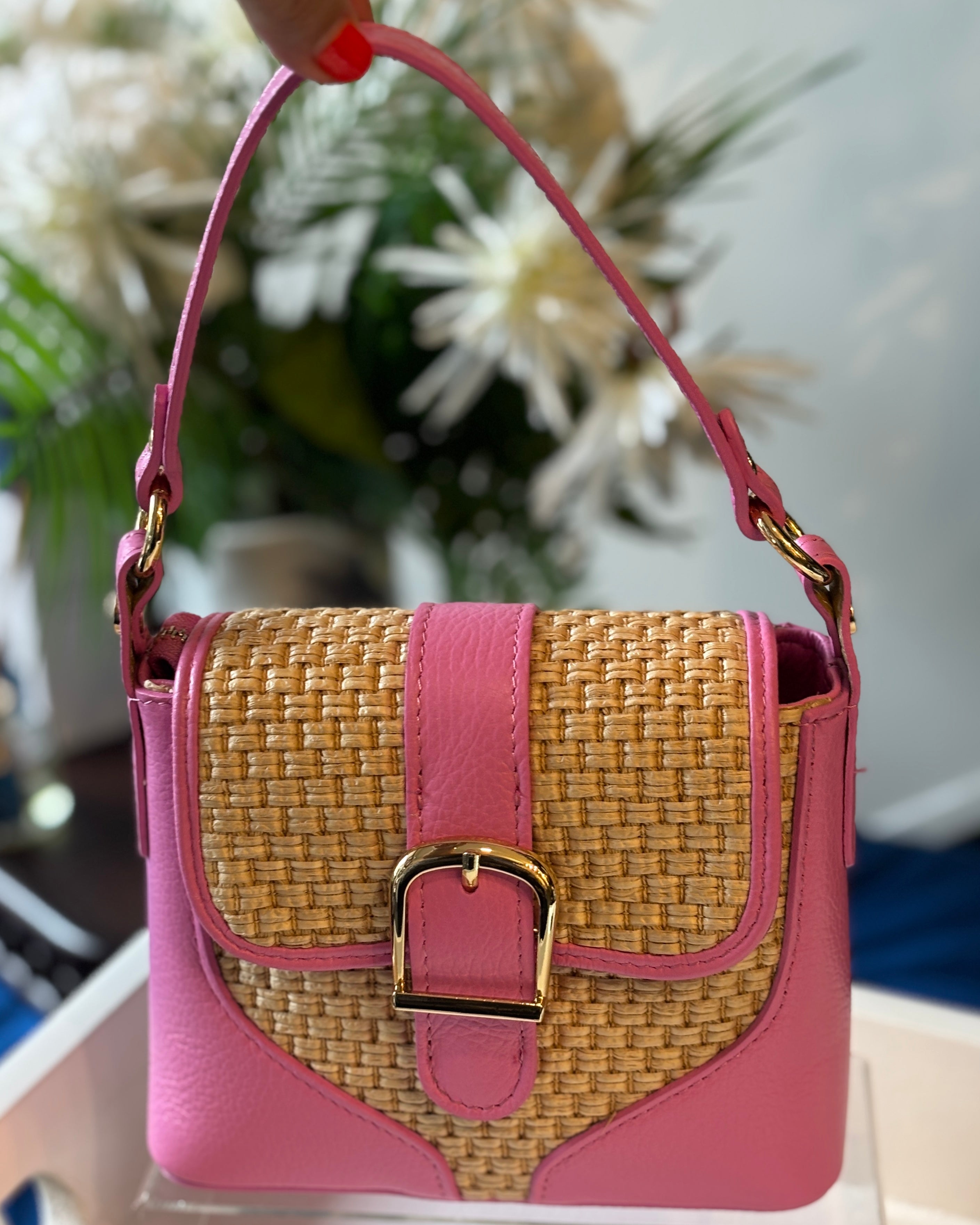 Capri Leather/Raffia Bag - Pink