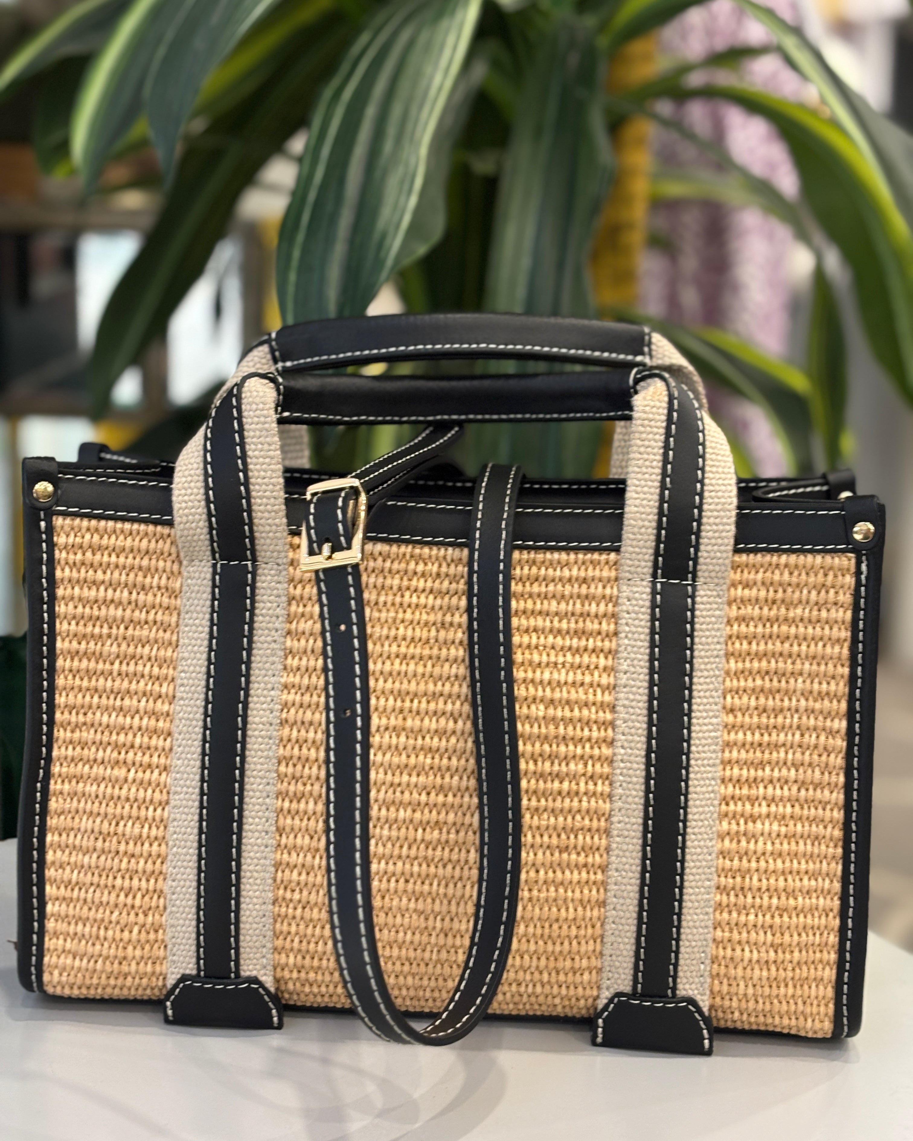 Positano Raffia/Leather Bag - Black