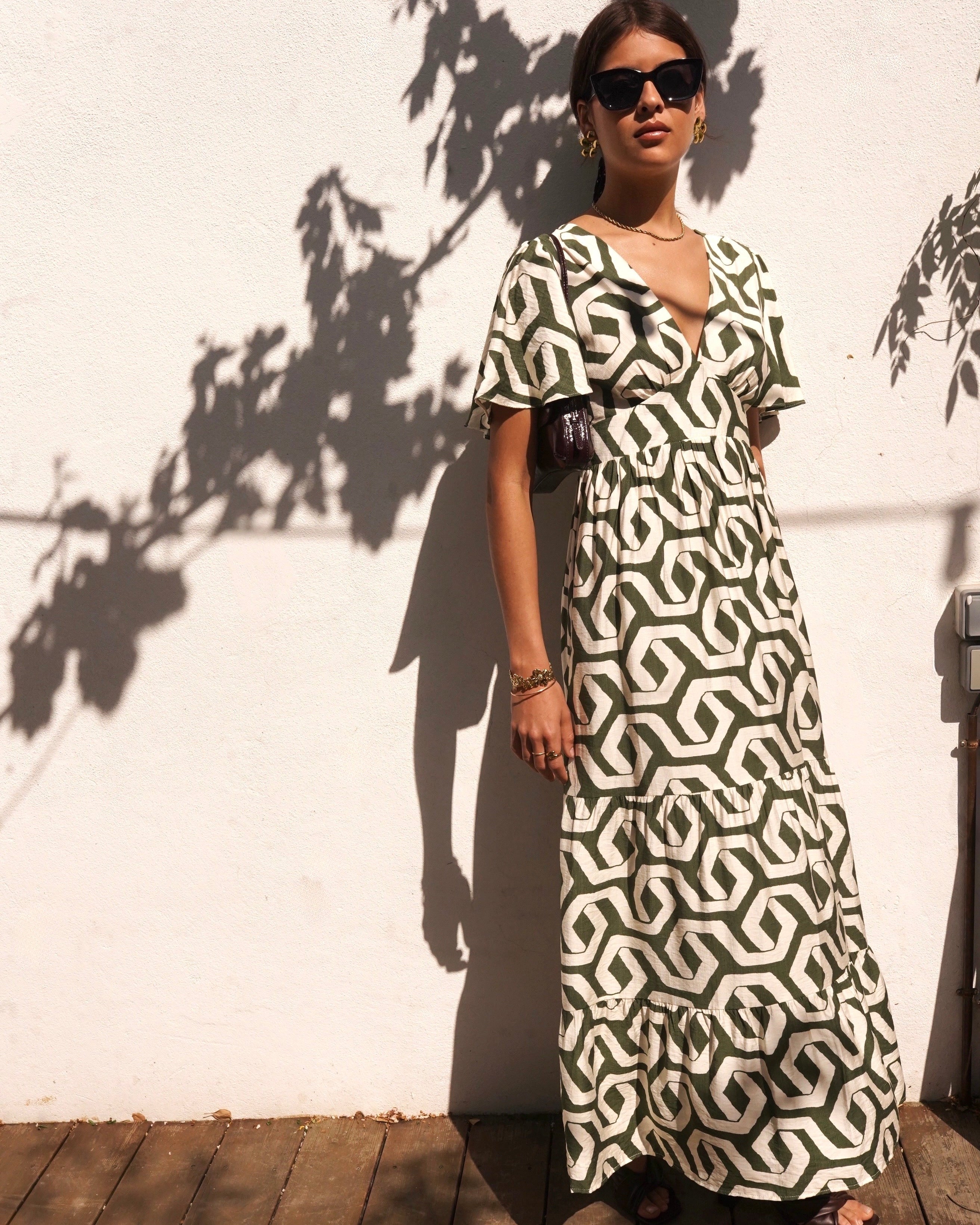 Juliette Dress - Khaki Geometric