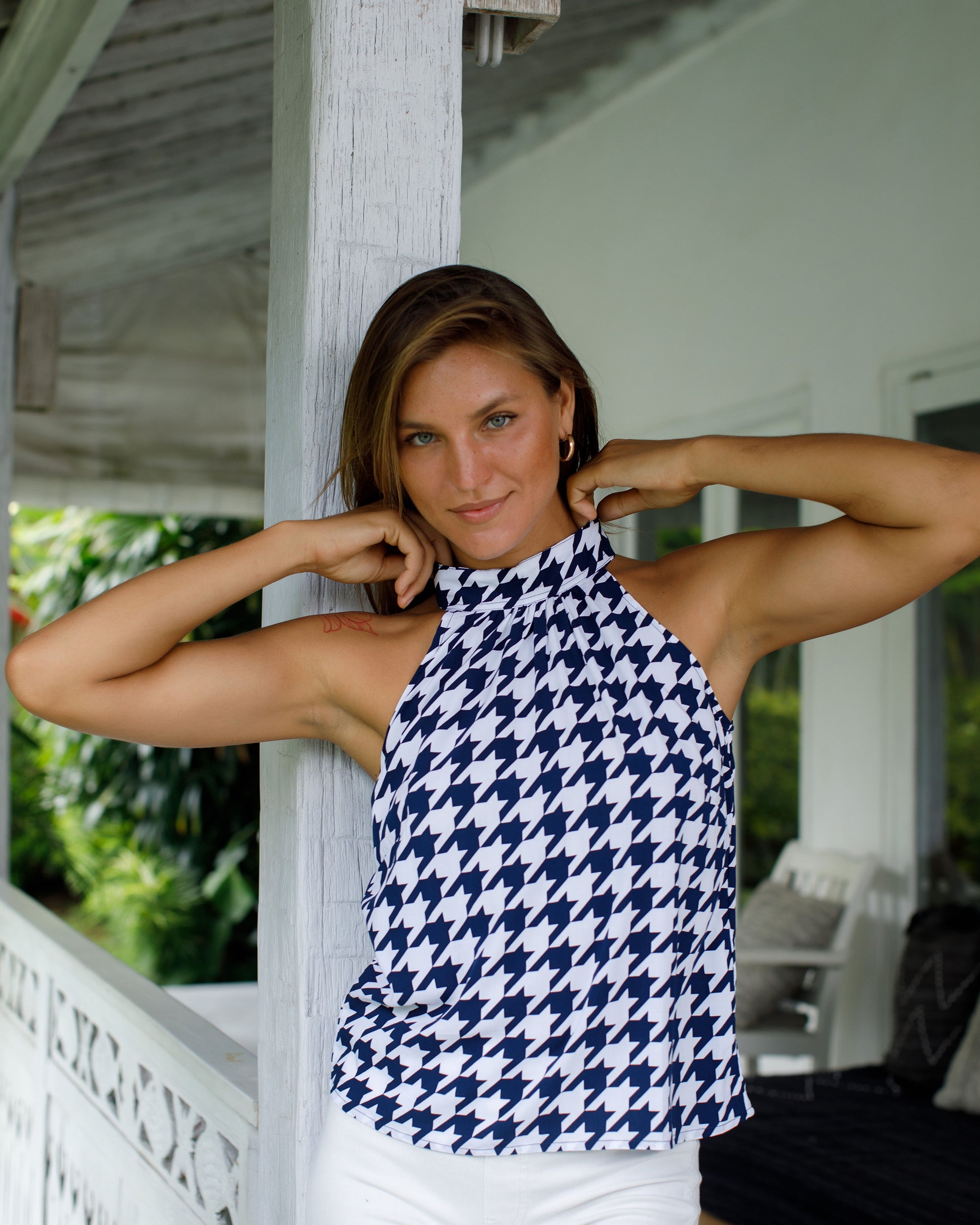 Lana Top - Navy/White Houndstooth