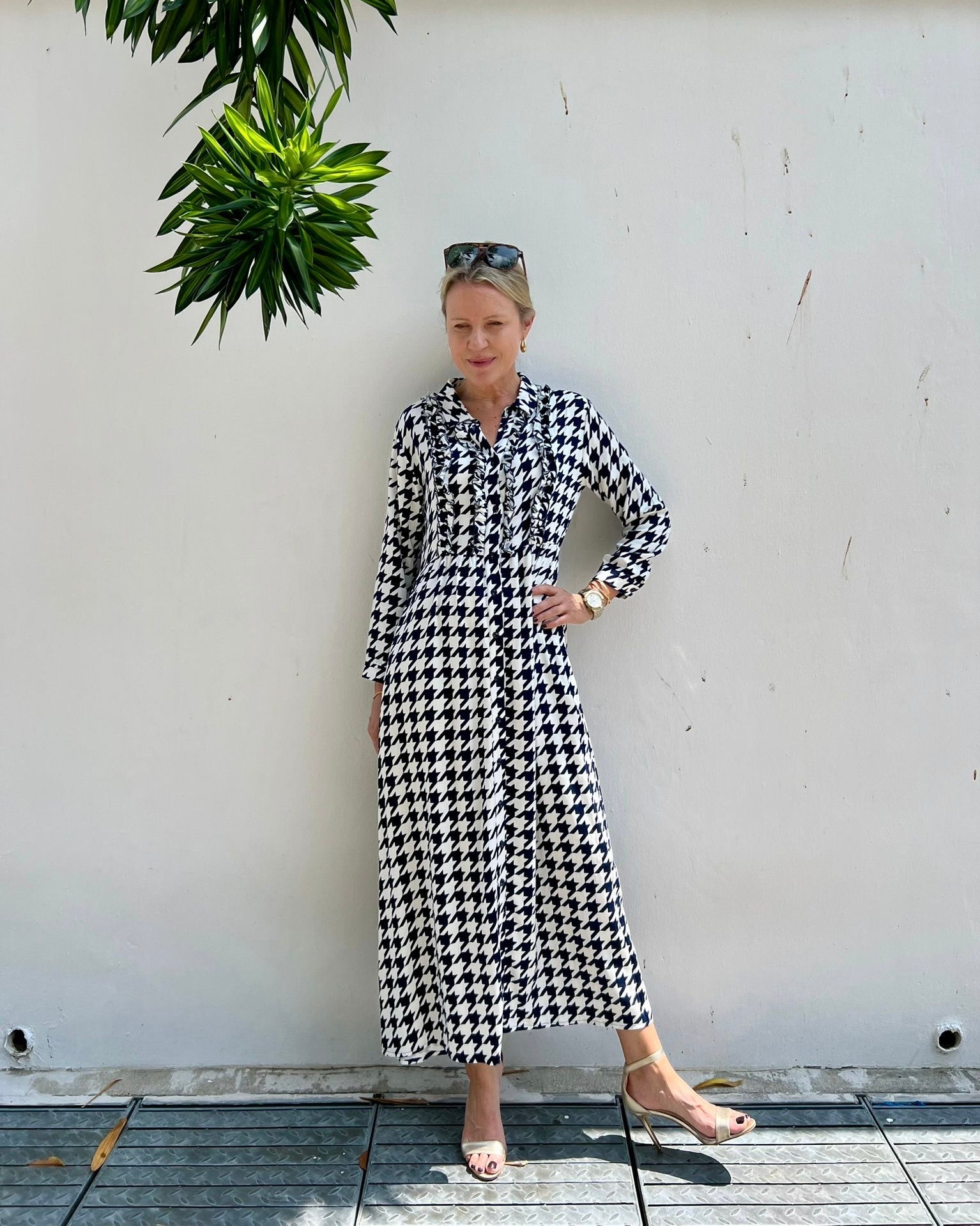 Melissa Dress - Navy/White Houndstooth Bamboo