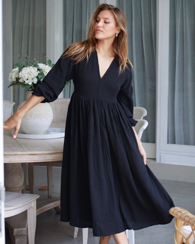 Deidra Black Cotton Pocket Dress
