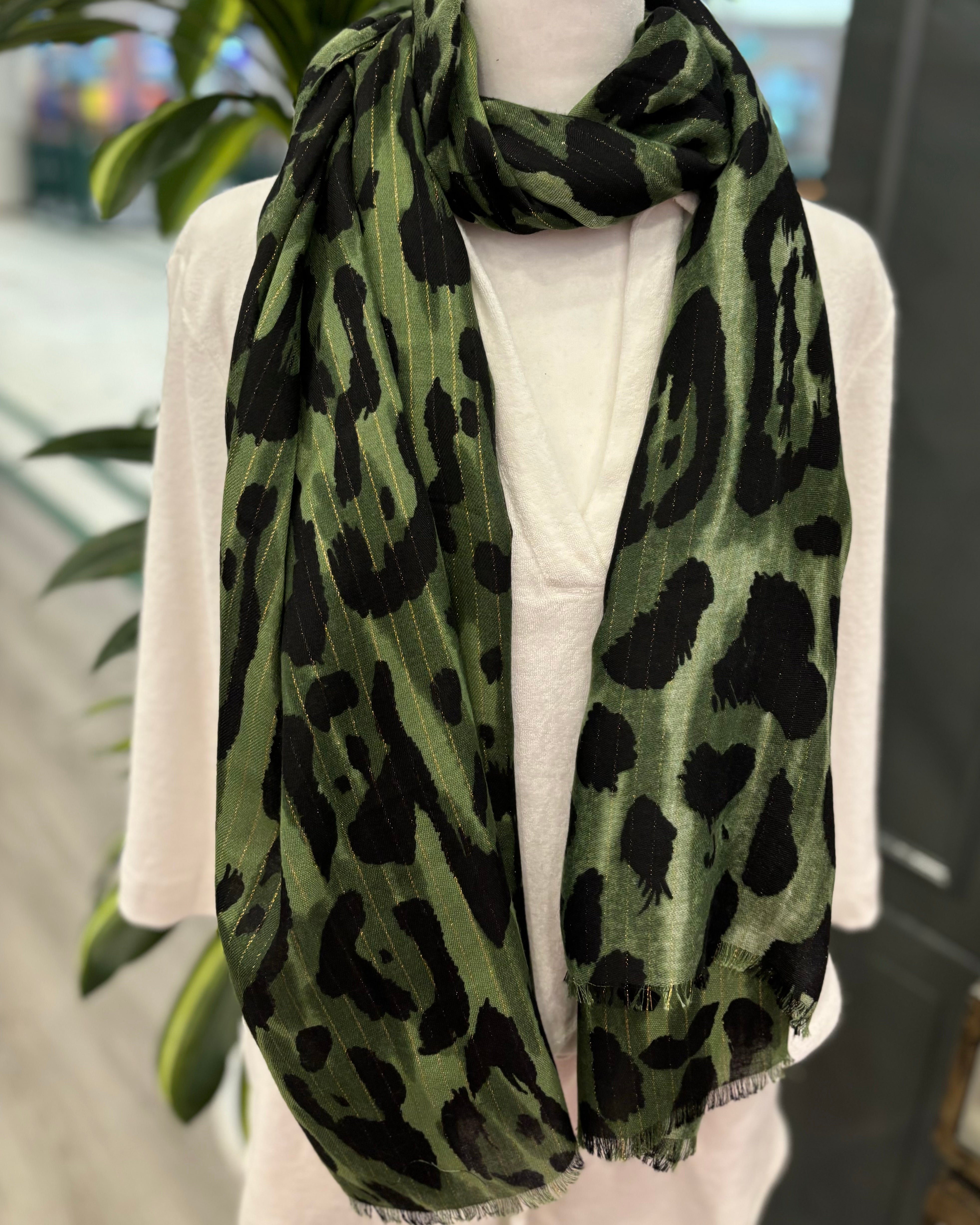 Green Leopard/Gold Stripe Scarf