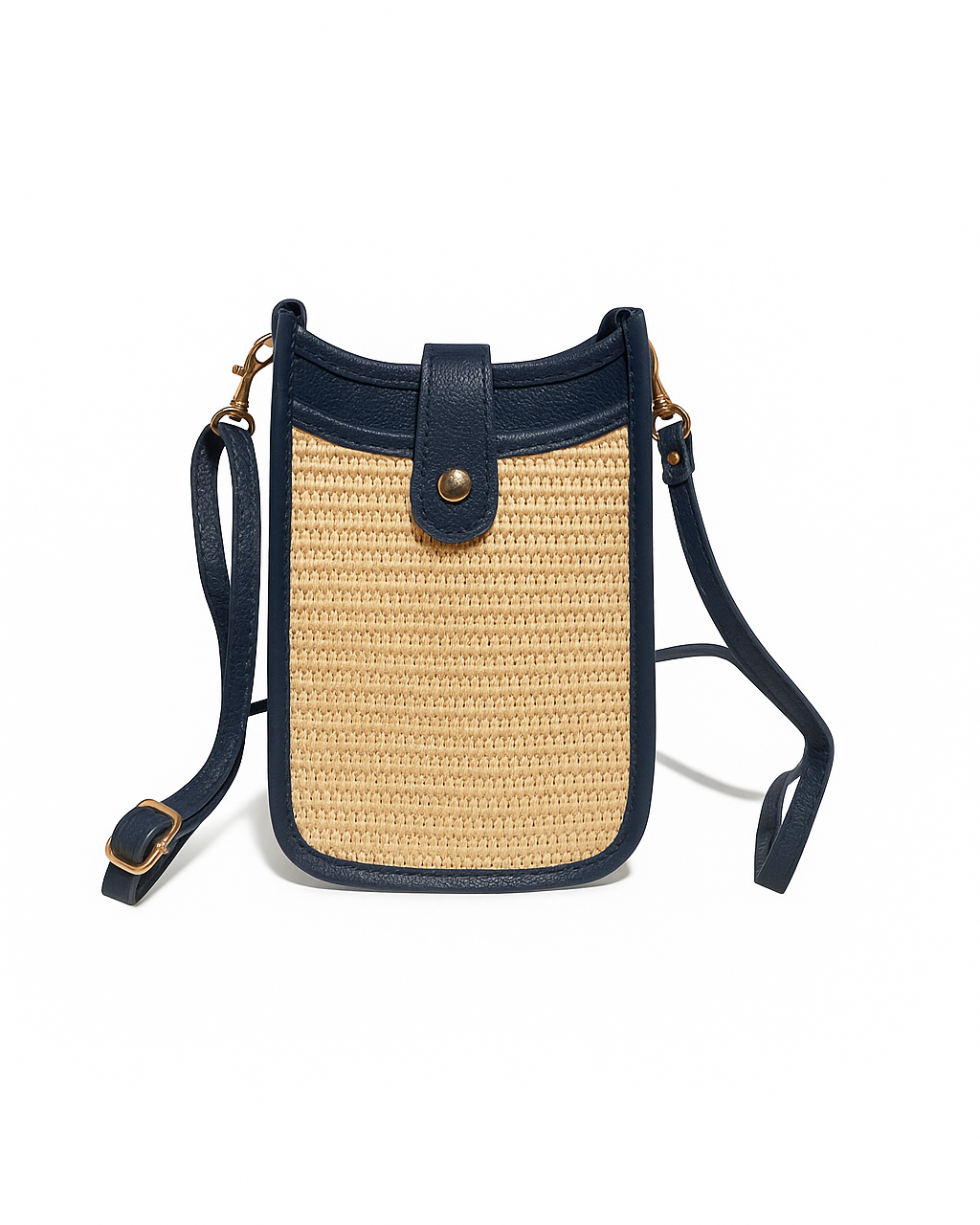 Woven handbag with navy leather accents on a white background