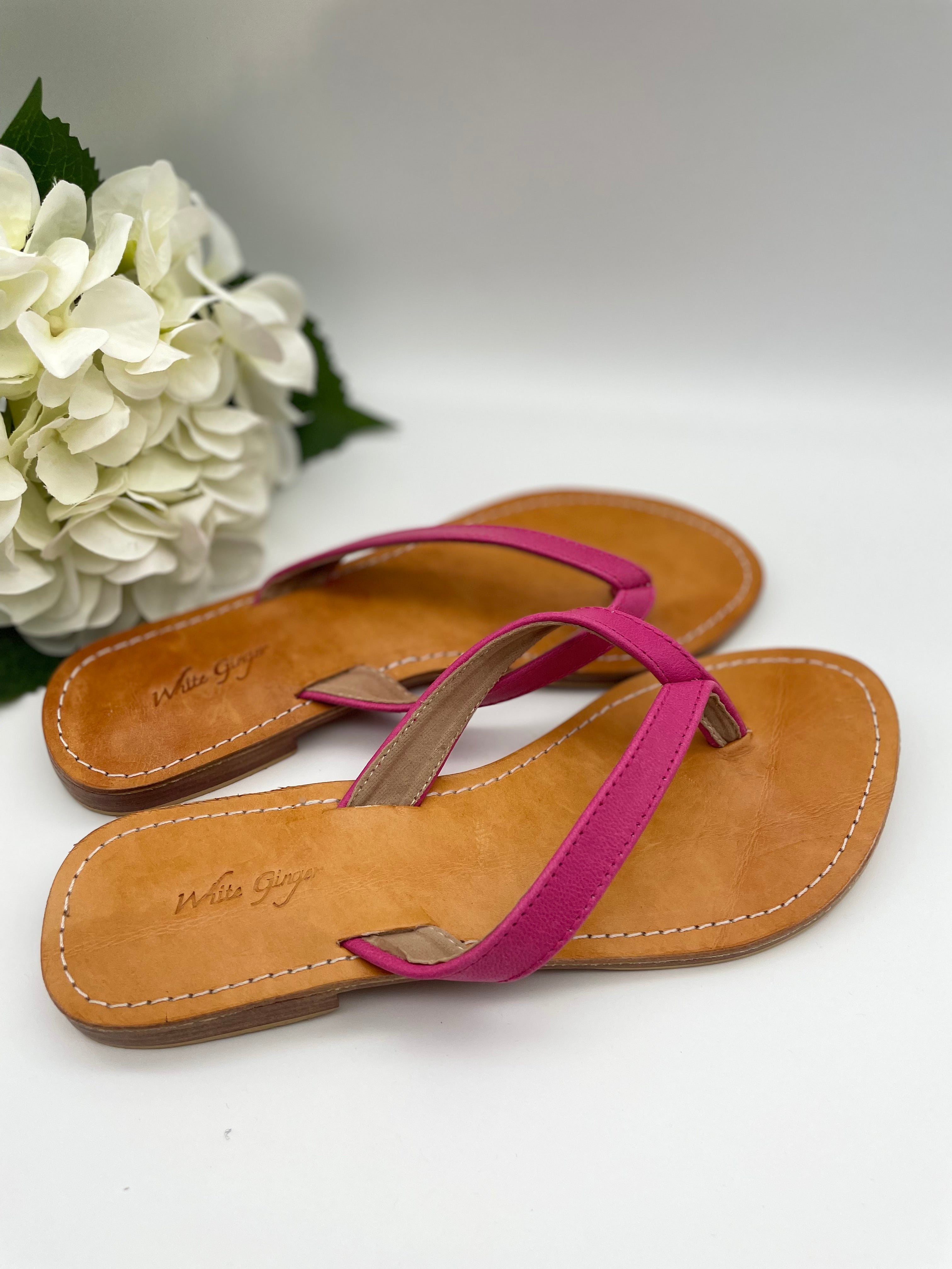 Fuchsia Leather Flip Flops