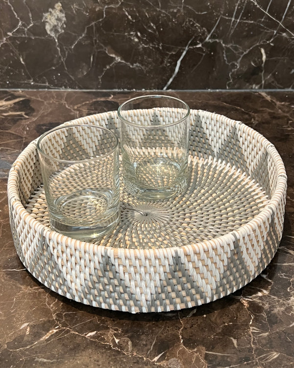 Round White and Grey Rattan Tray