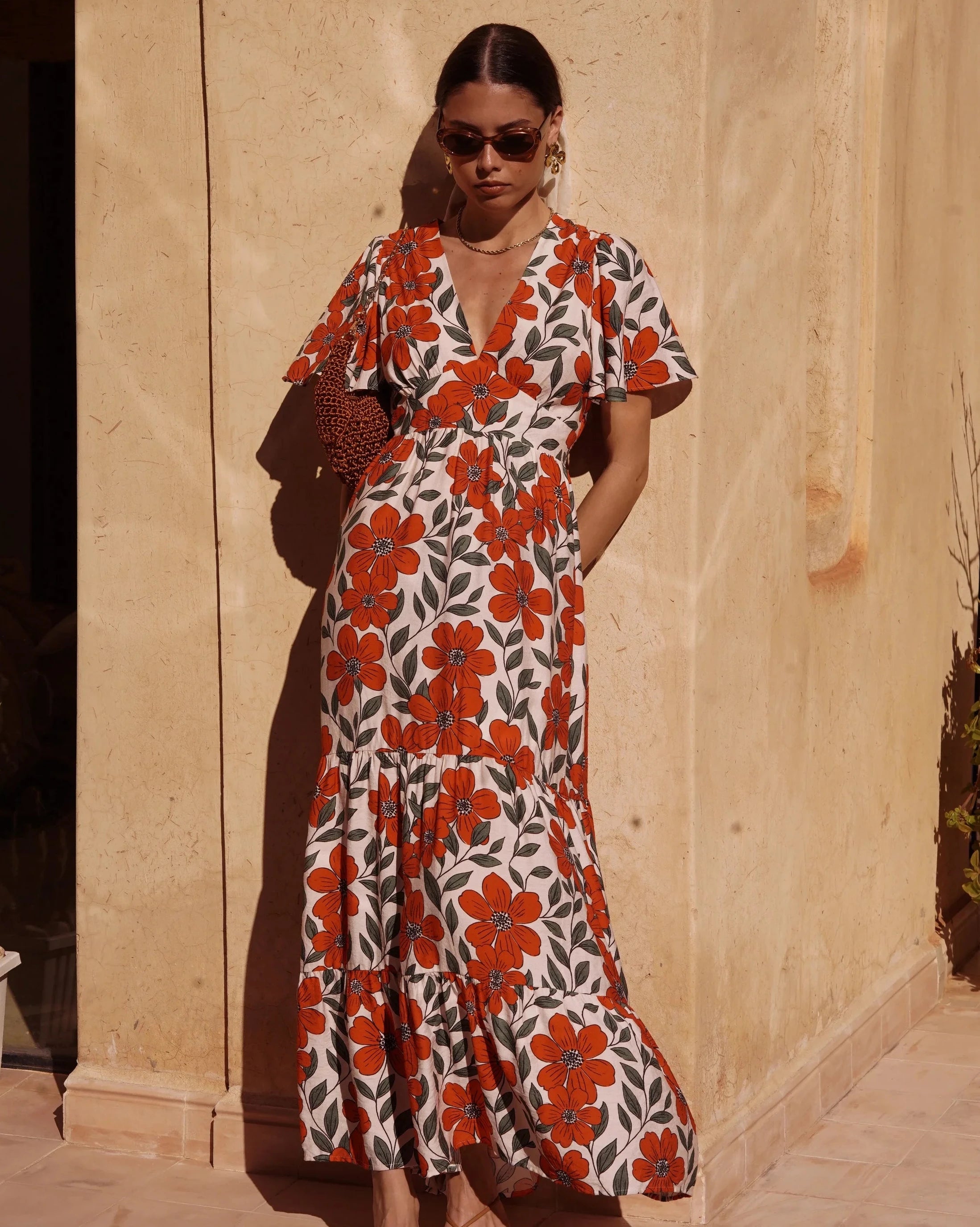Juliette Dress - Khaki & Orange Floral