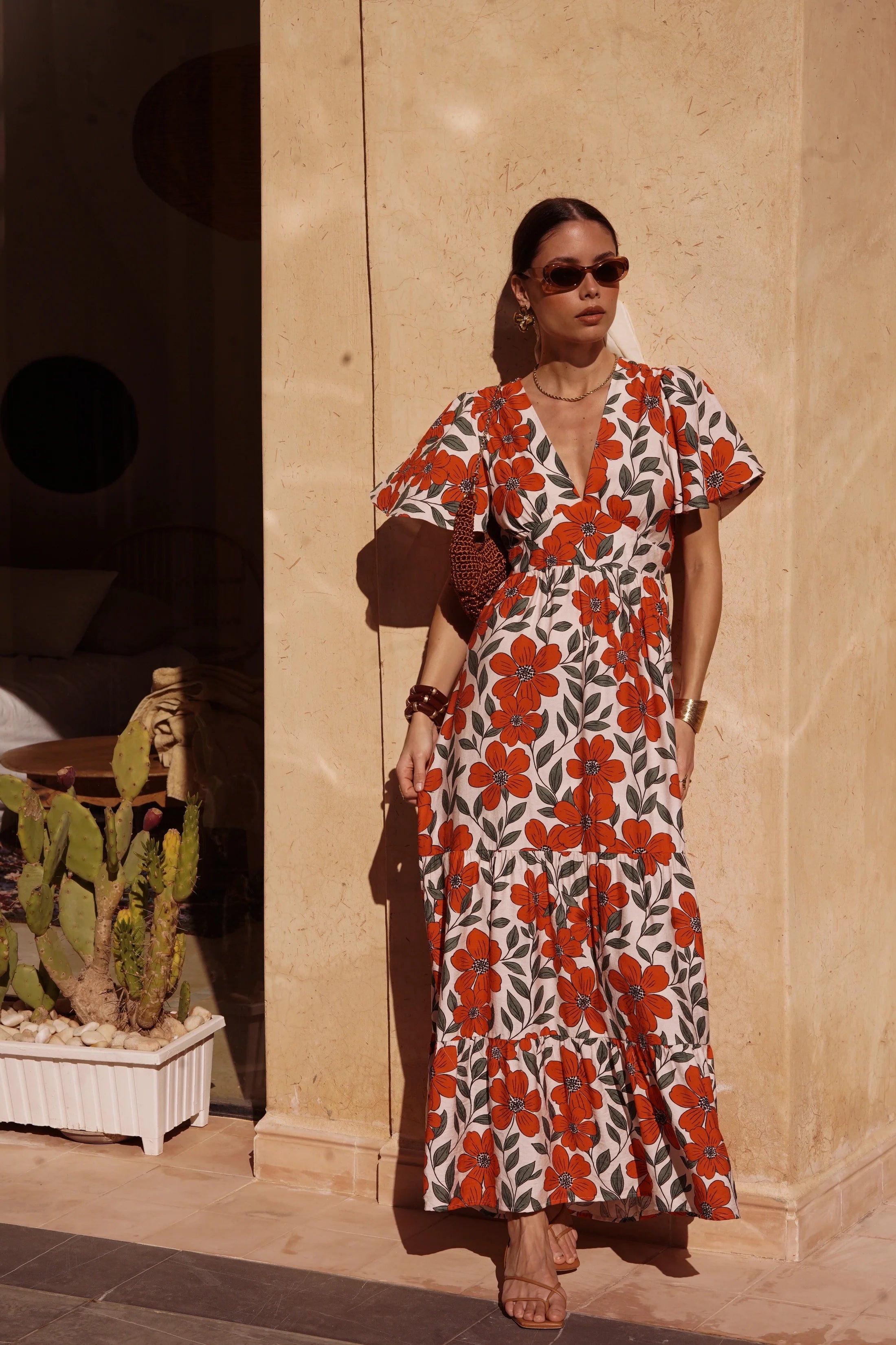 Juliette Dress - Khaki & Orange Floral