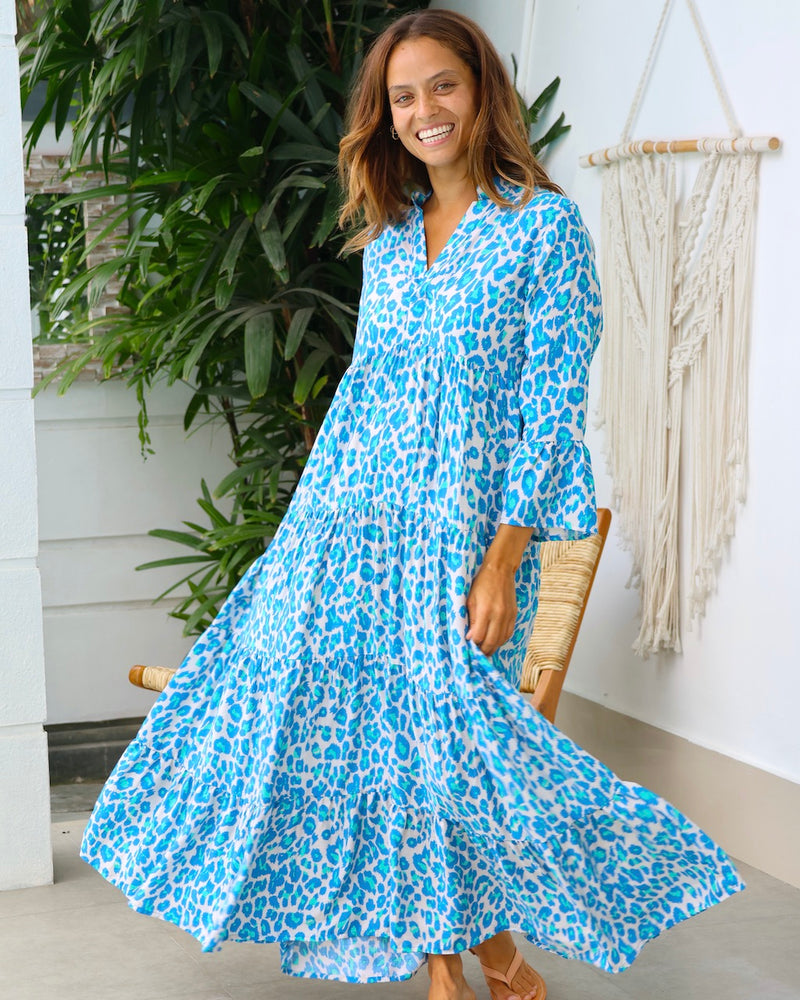 Anika Dress  - Aqua/Blue Leopard