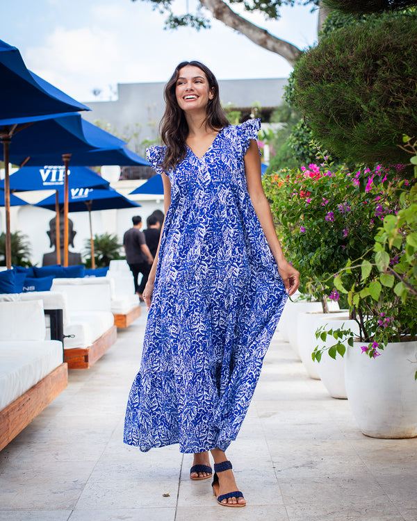 Astrid Long Dress - Blue Leaf Cotton