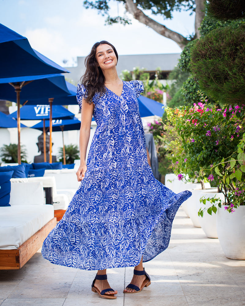 Astrid Long Dress - Blue Leaf Cotton