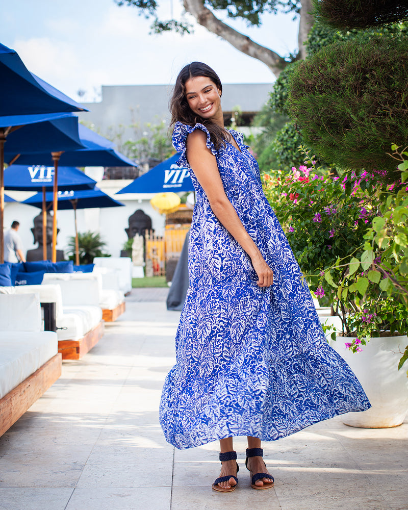 Astrid Long Dress - Blue Leaf Cotton