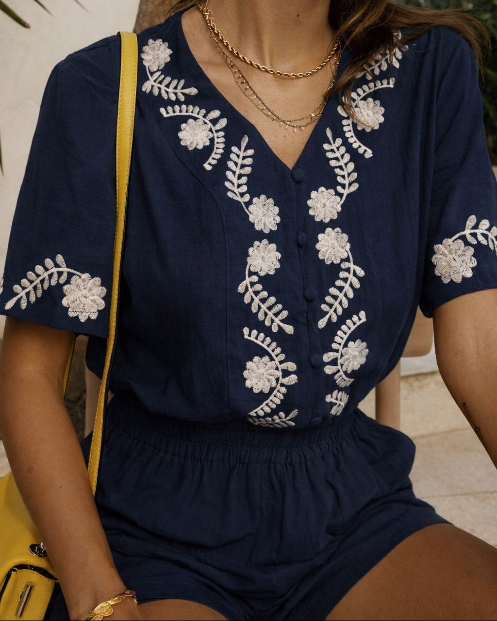 Pauline Playsuit - Navy/White Embroidery