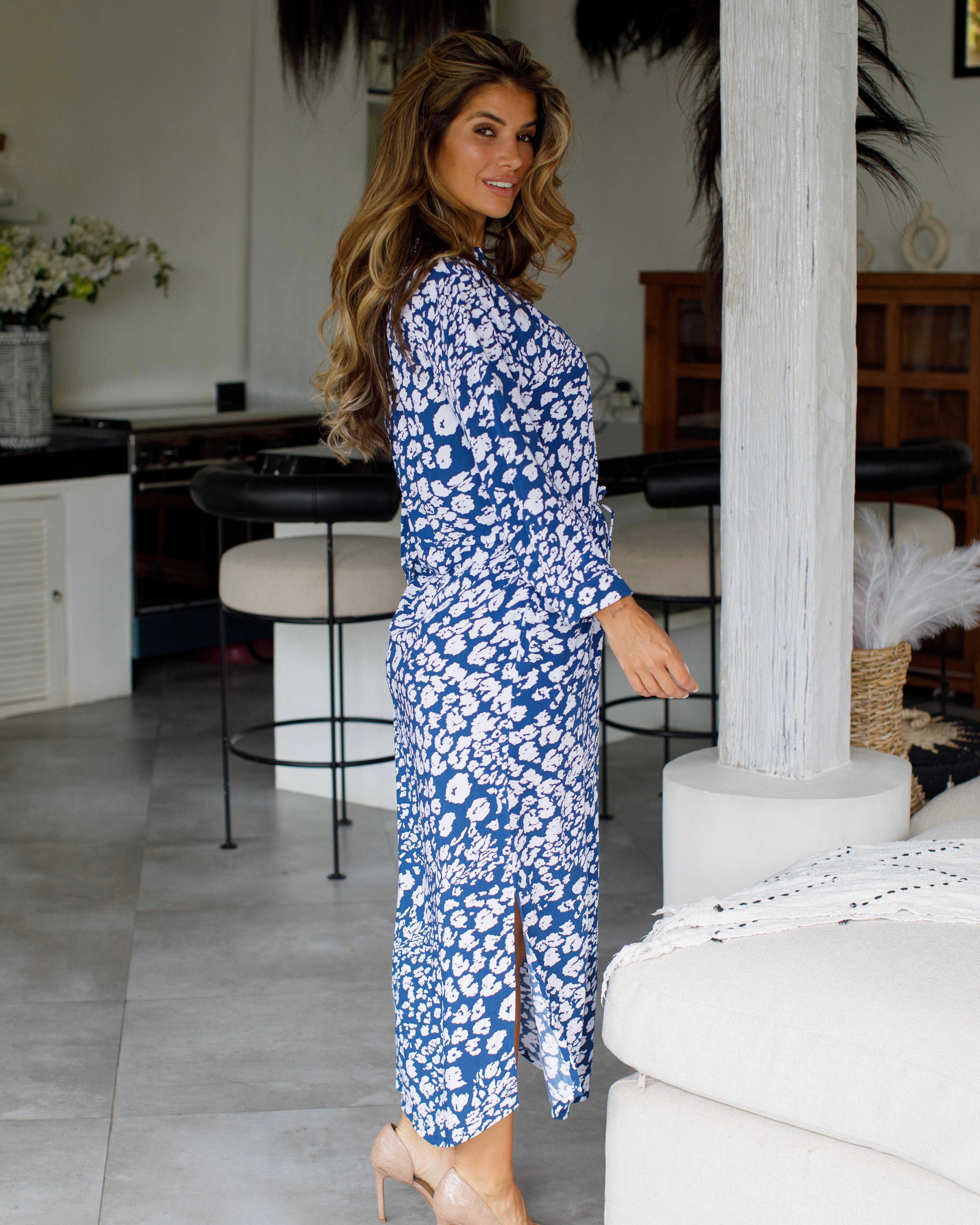 Eva Long  Dress - Navy/White Leopard