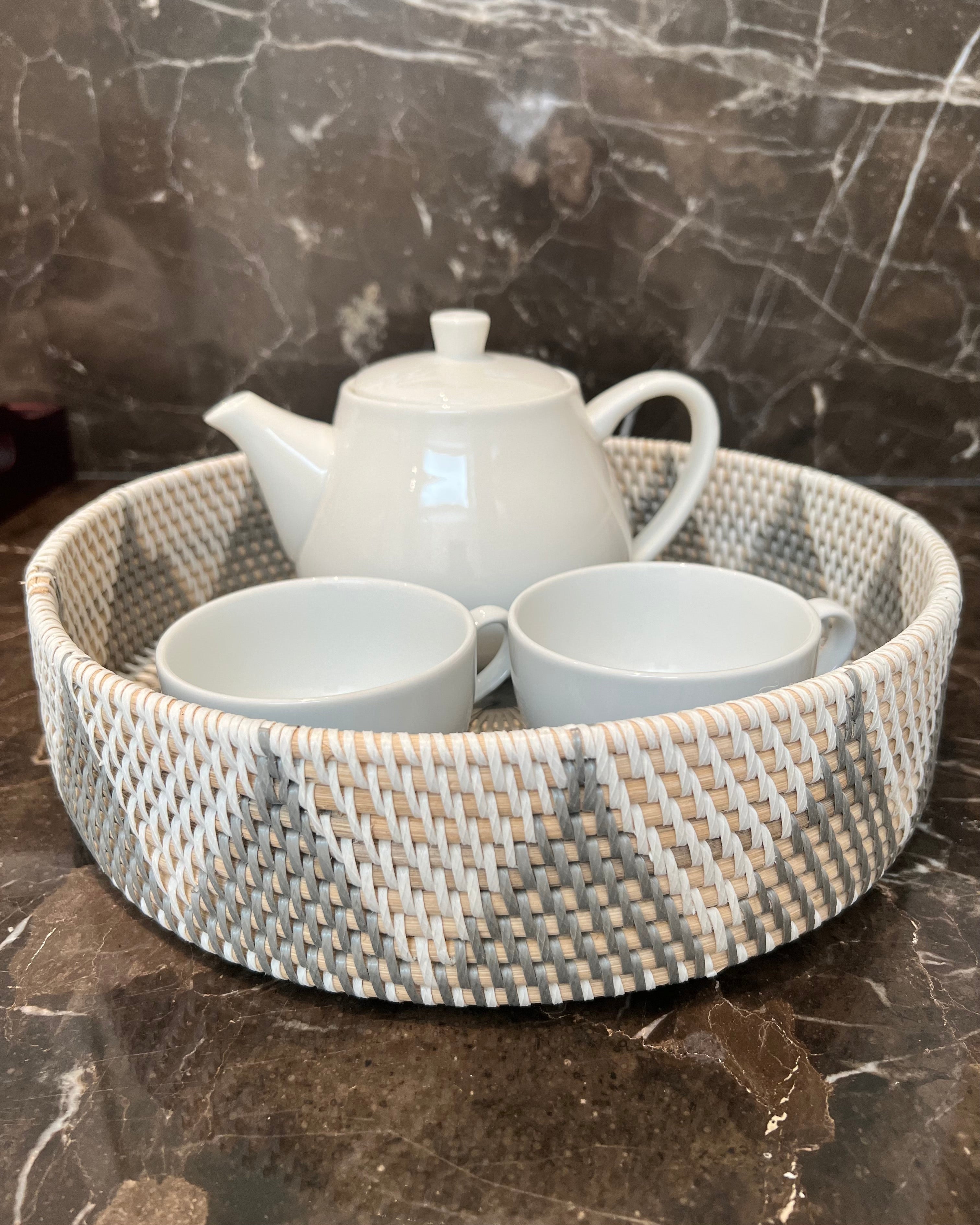 Round White and Grey Rattan Tray