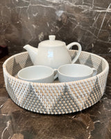 Round White and Grey Rattan Tray