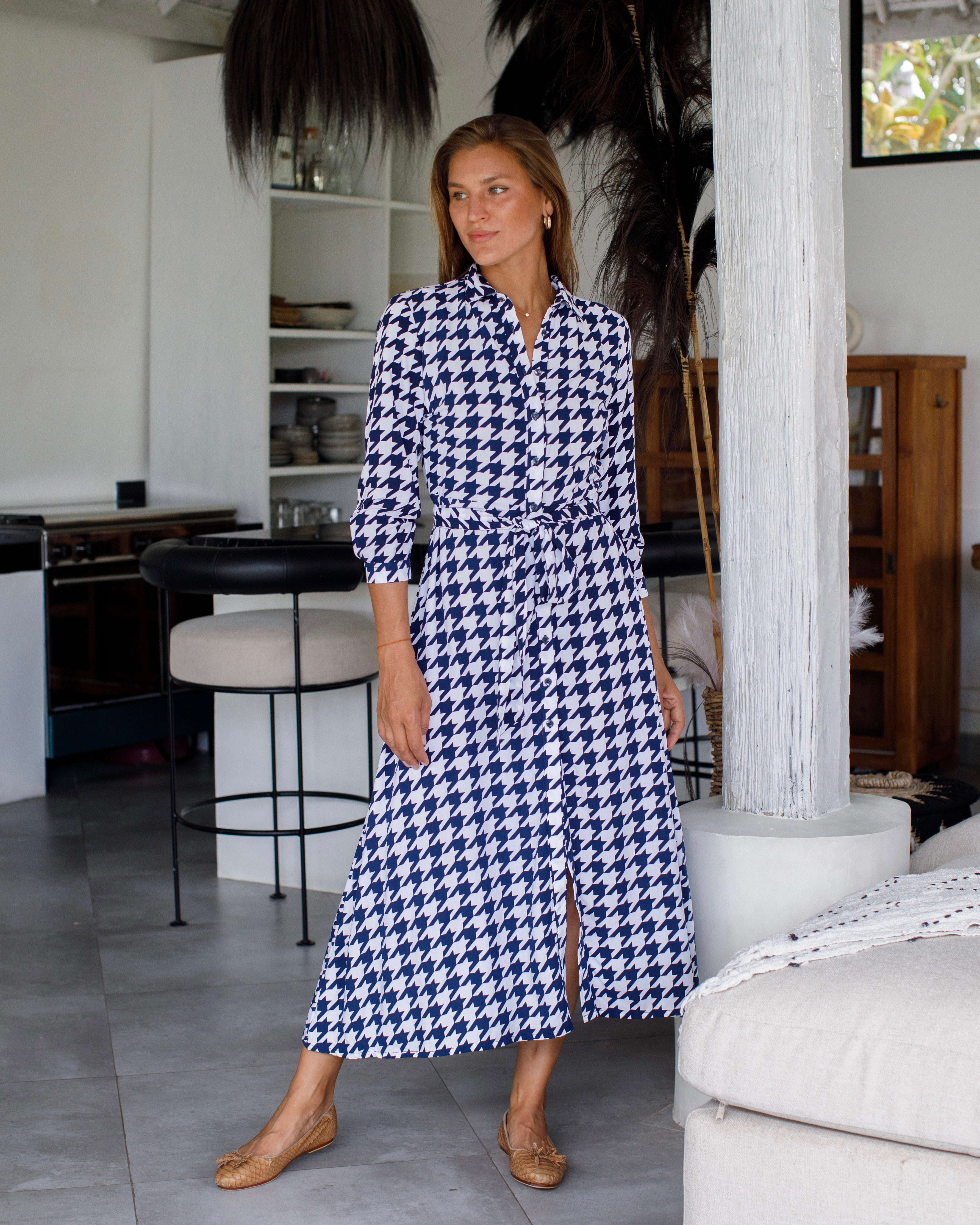 Florence Dress - Navy/White Houndstooth