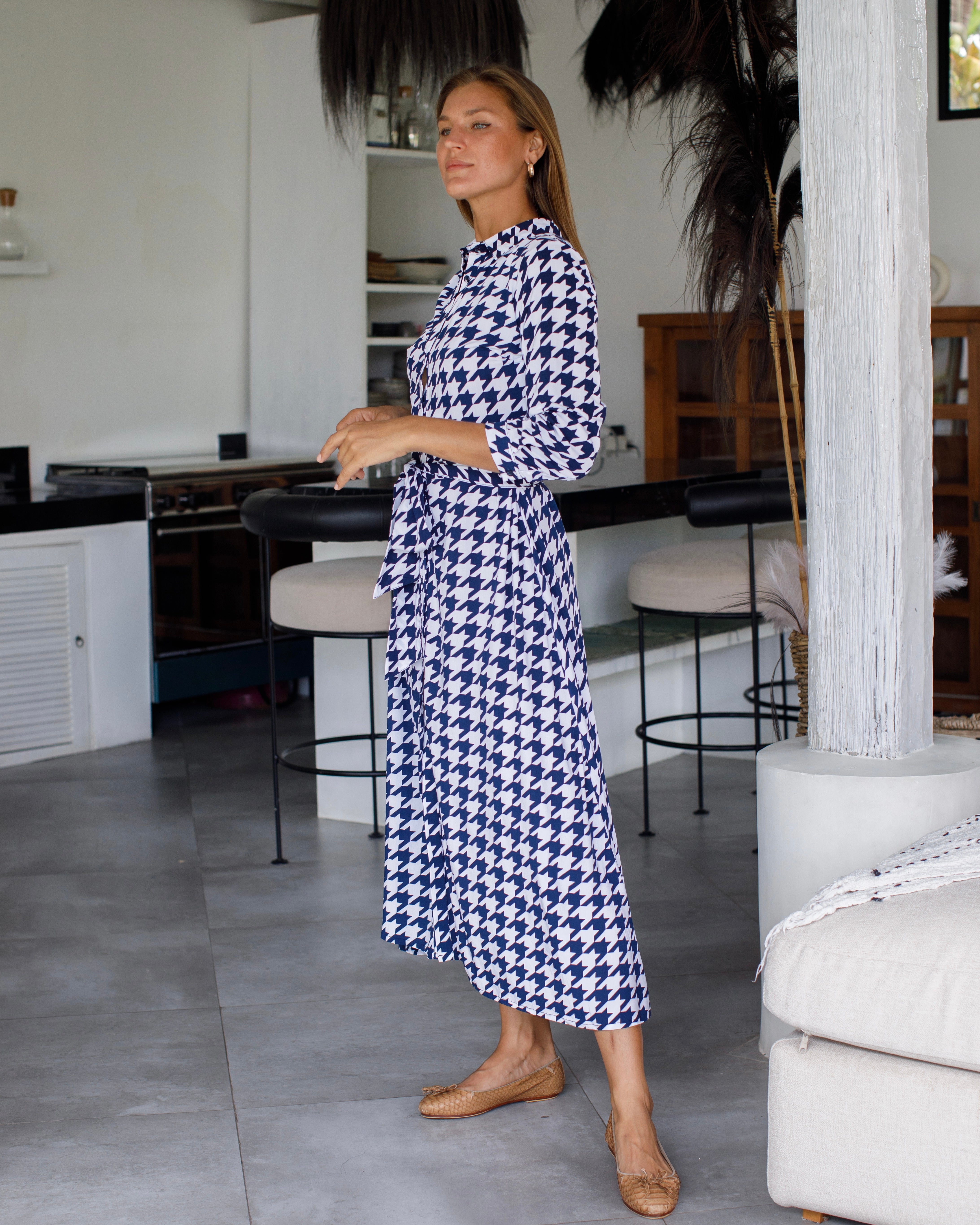 Florence Dress - Navy/White Houndstooth
