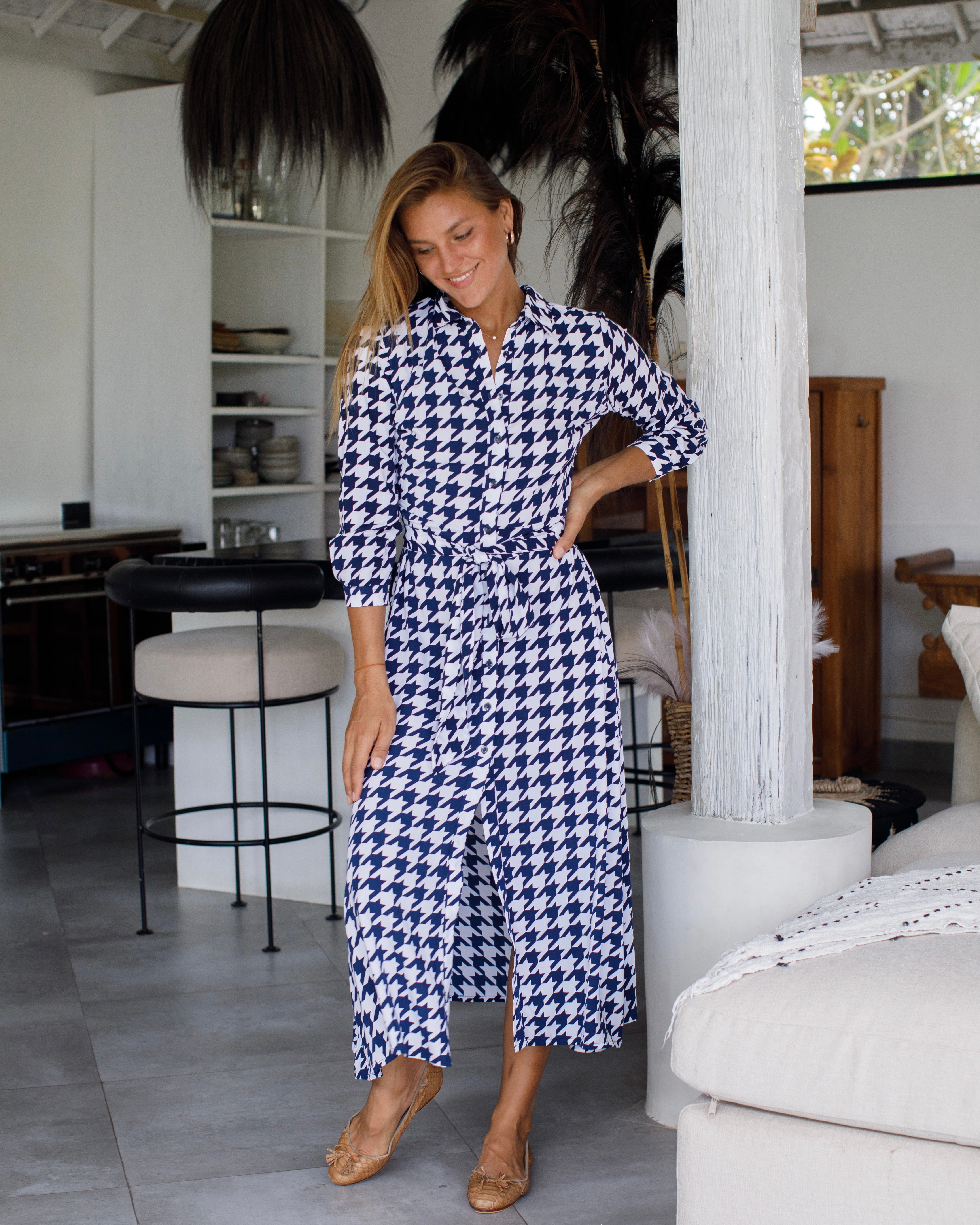 Florence Dress - Navy/White Houndstooth