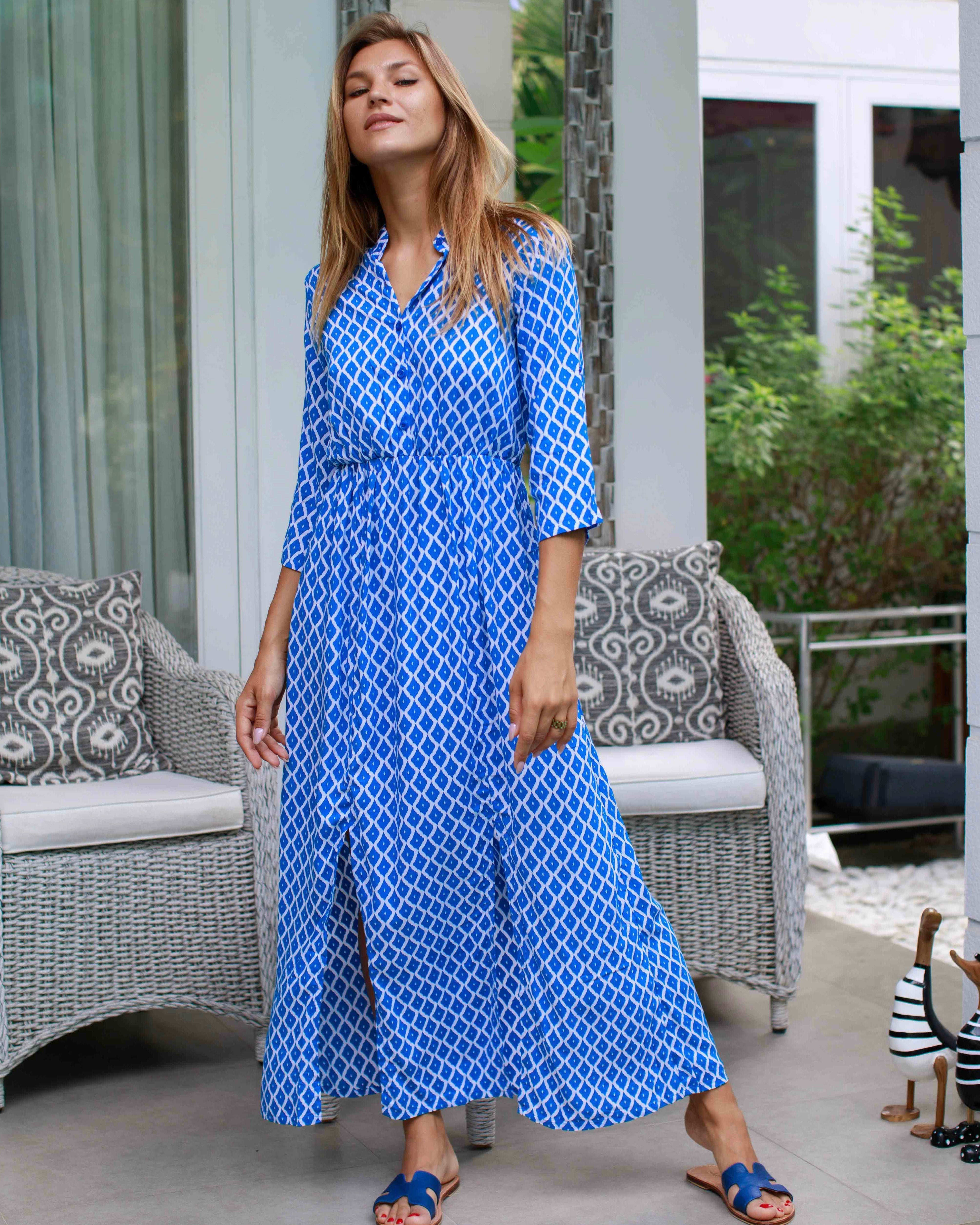 Harlow Dress - Swedish Blue Trellis