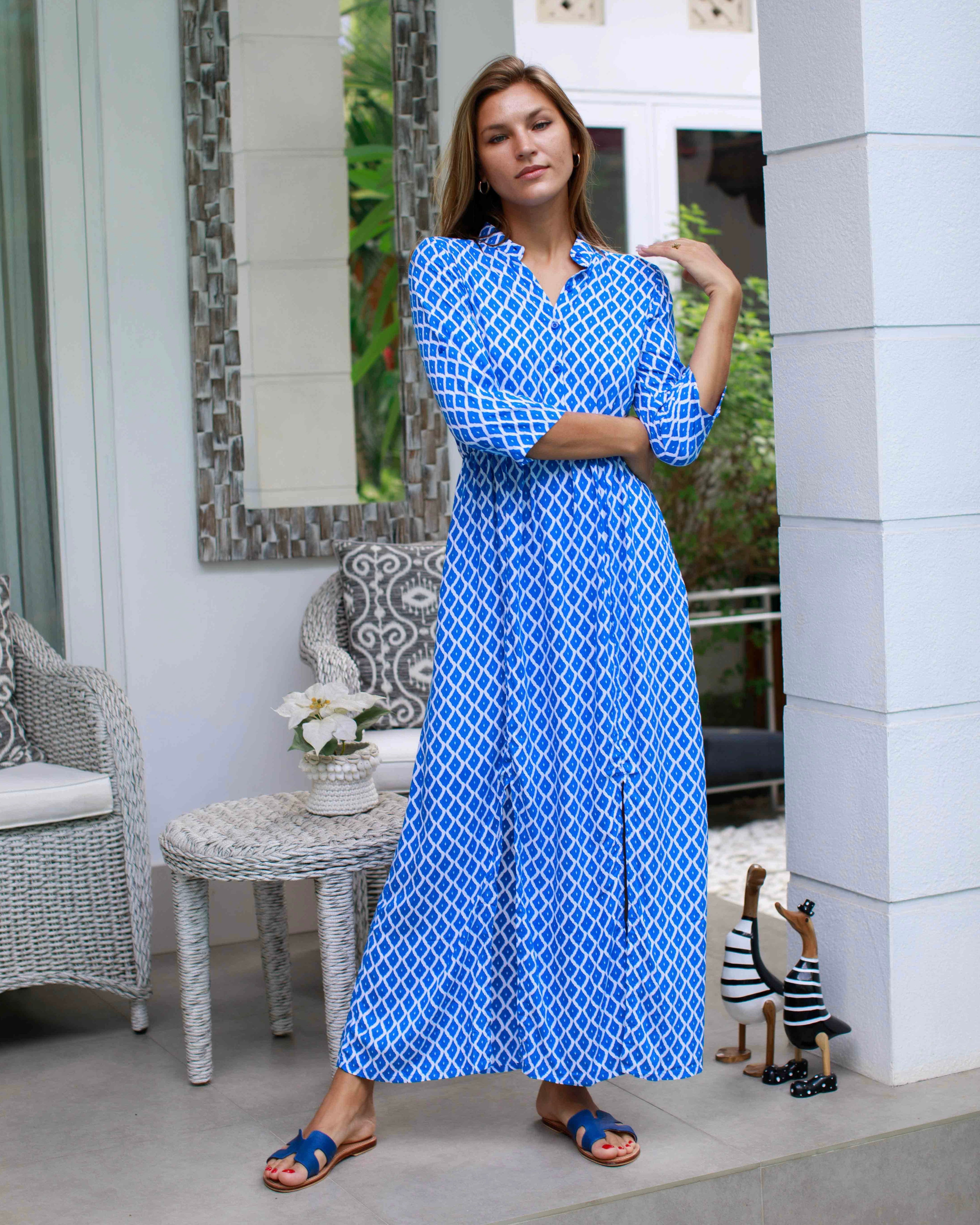 Harlow Dress - Swedish Blue Trellis