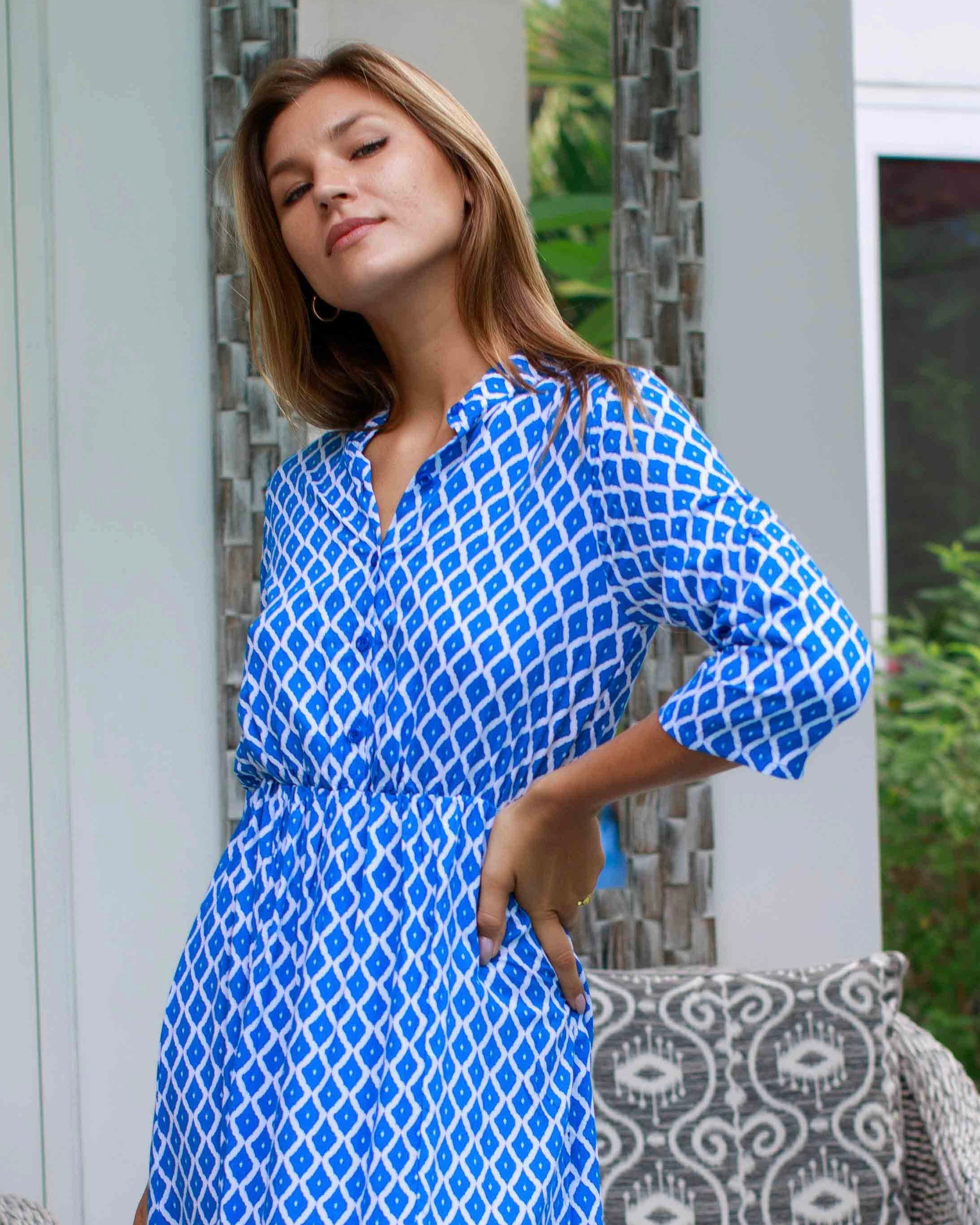 Harlow Dress - Swedish Blue Trellis