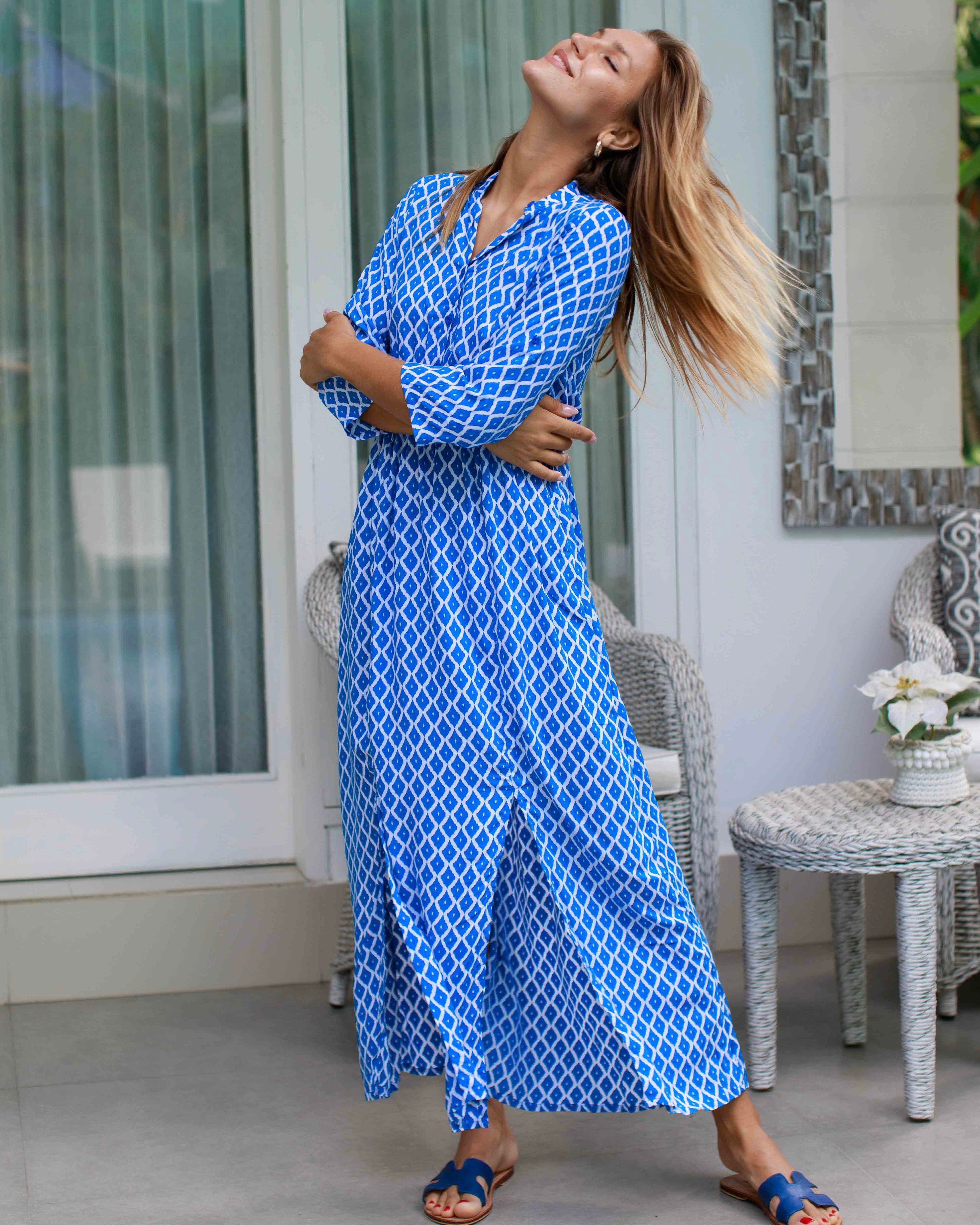 Harlow Dress - Swedish Blue Trellis