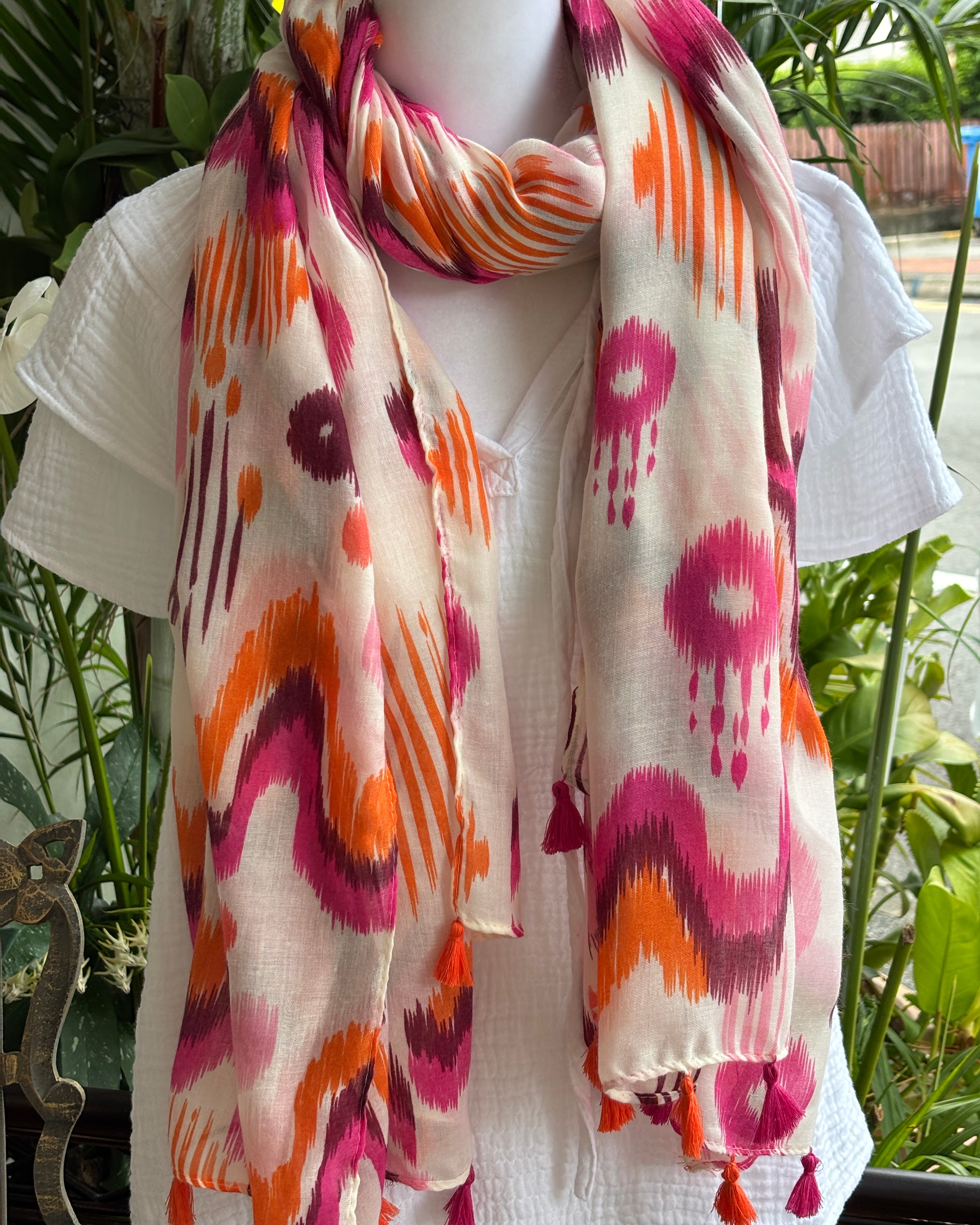 Orange & Fuchsia Ikat Wave Tassel Scarf