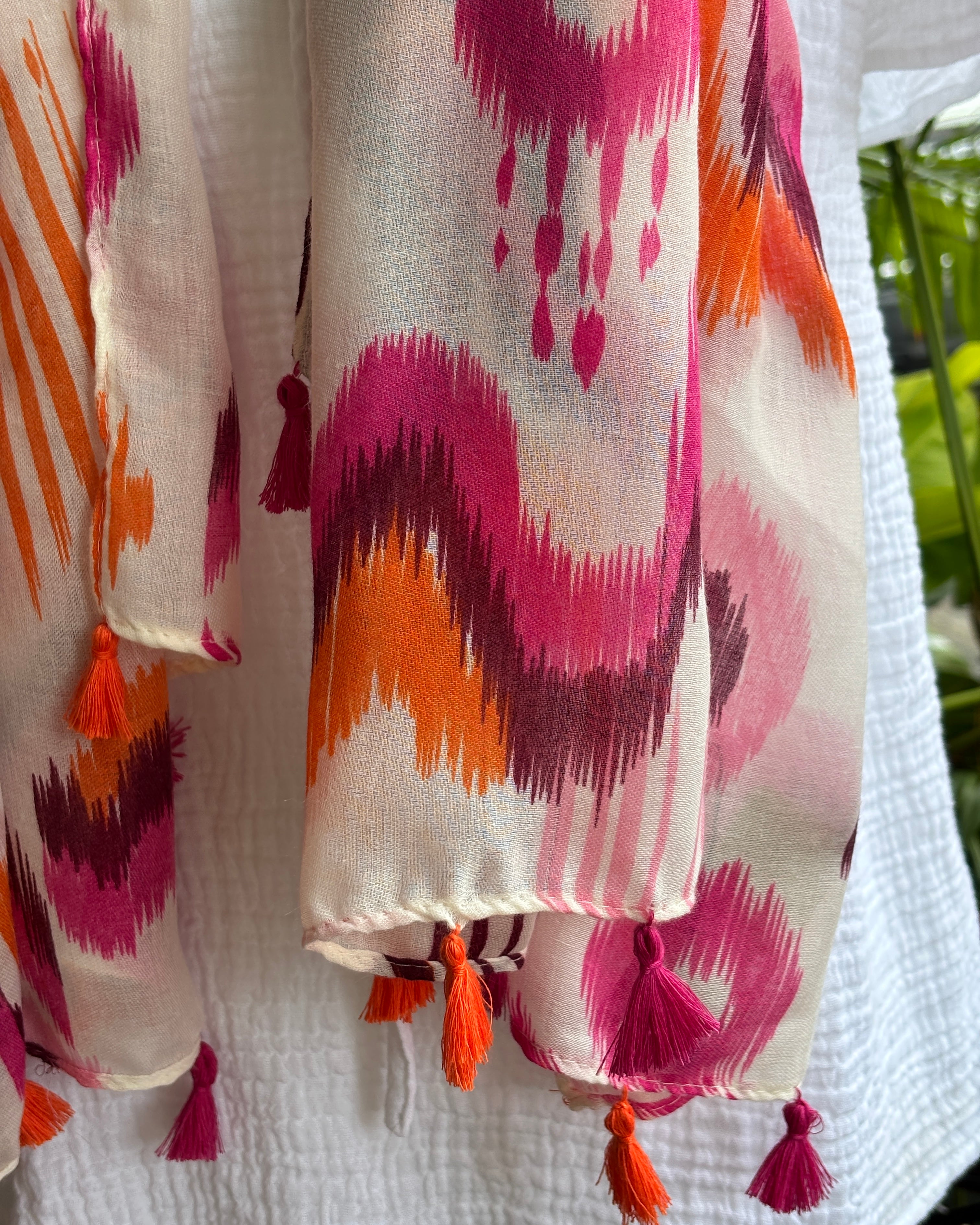 Orange & Fuchsia Ikat Wave Tassel Scarf