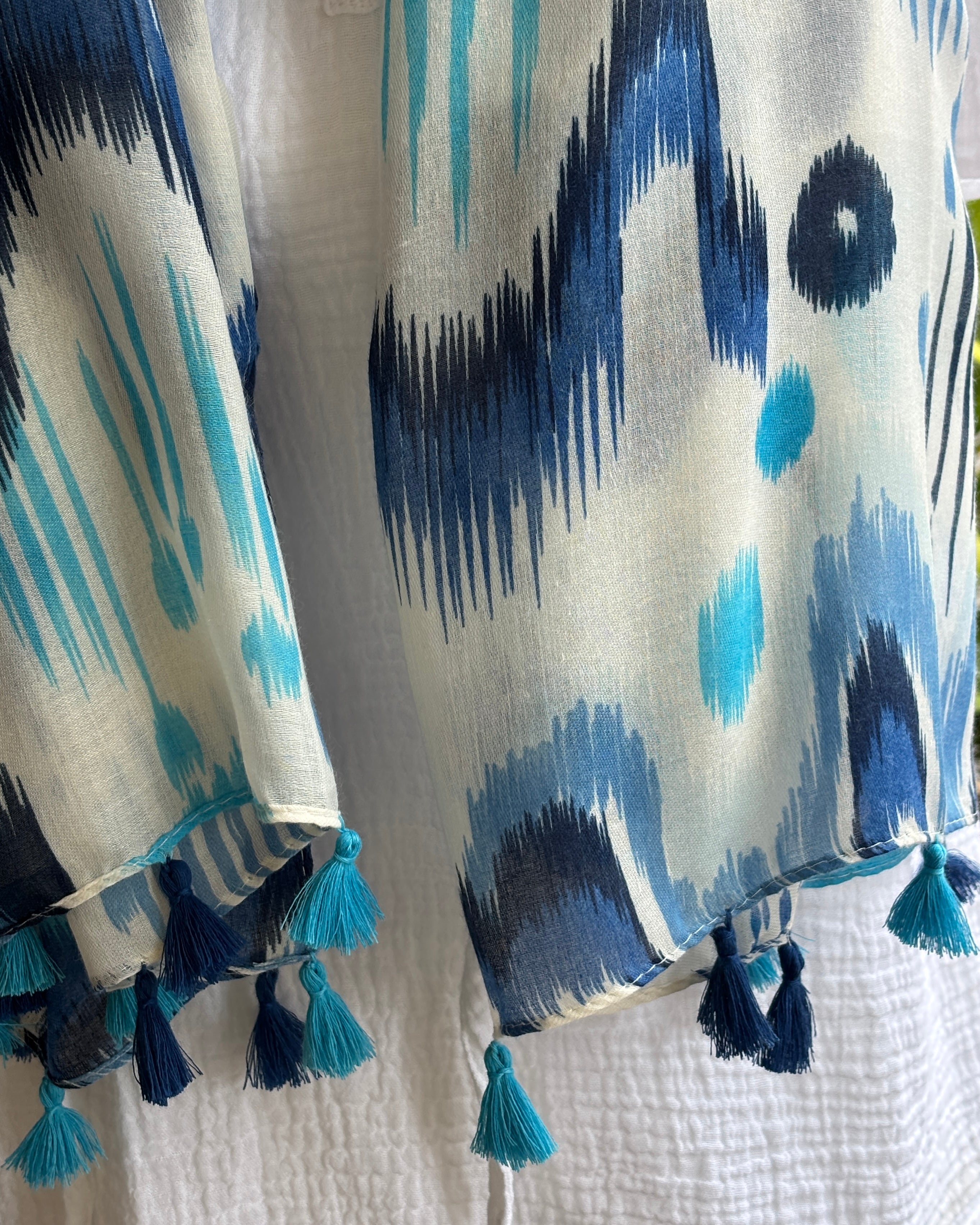 Aqua & Blue Ikat Wave Tassel Scarf