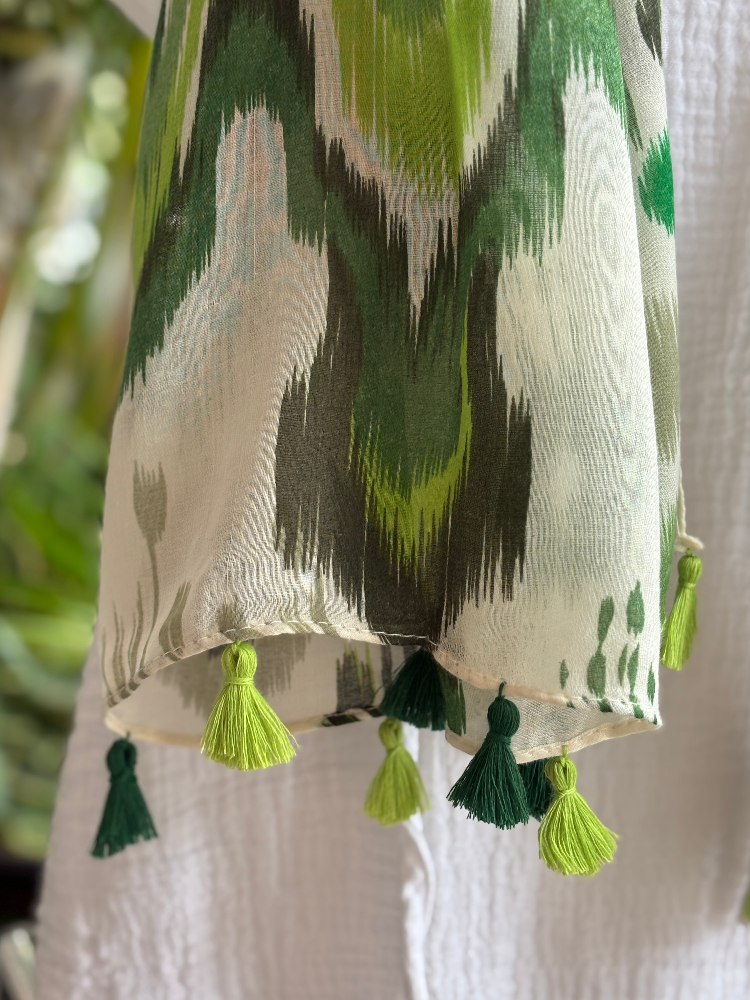 Green/Khaki Ikat Wave Tassel Scarf