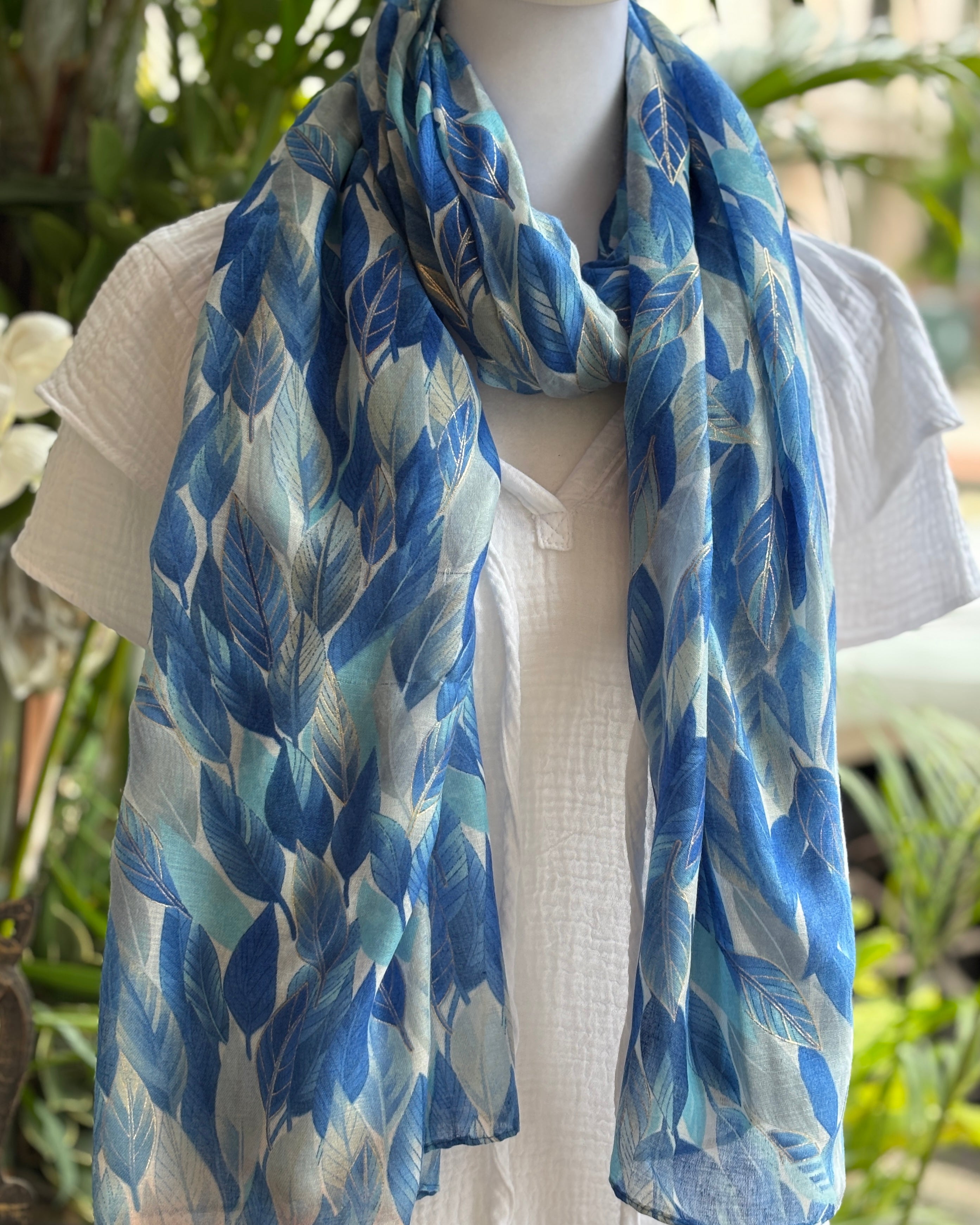 Blue Gold Leaves Scarf