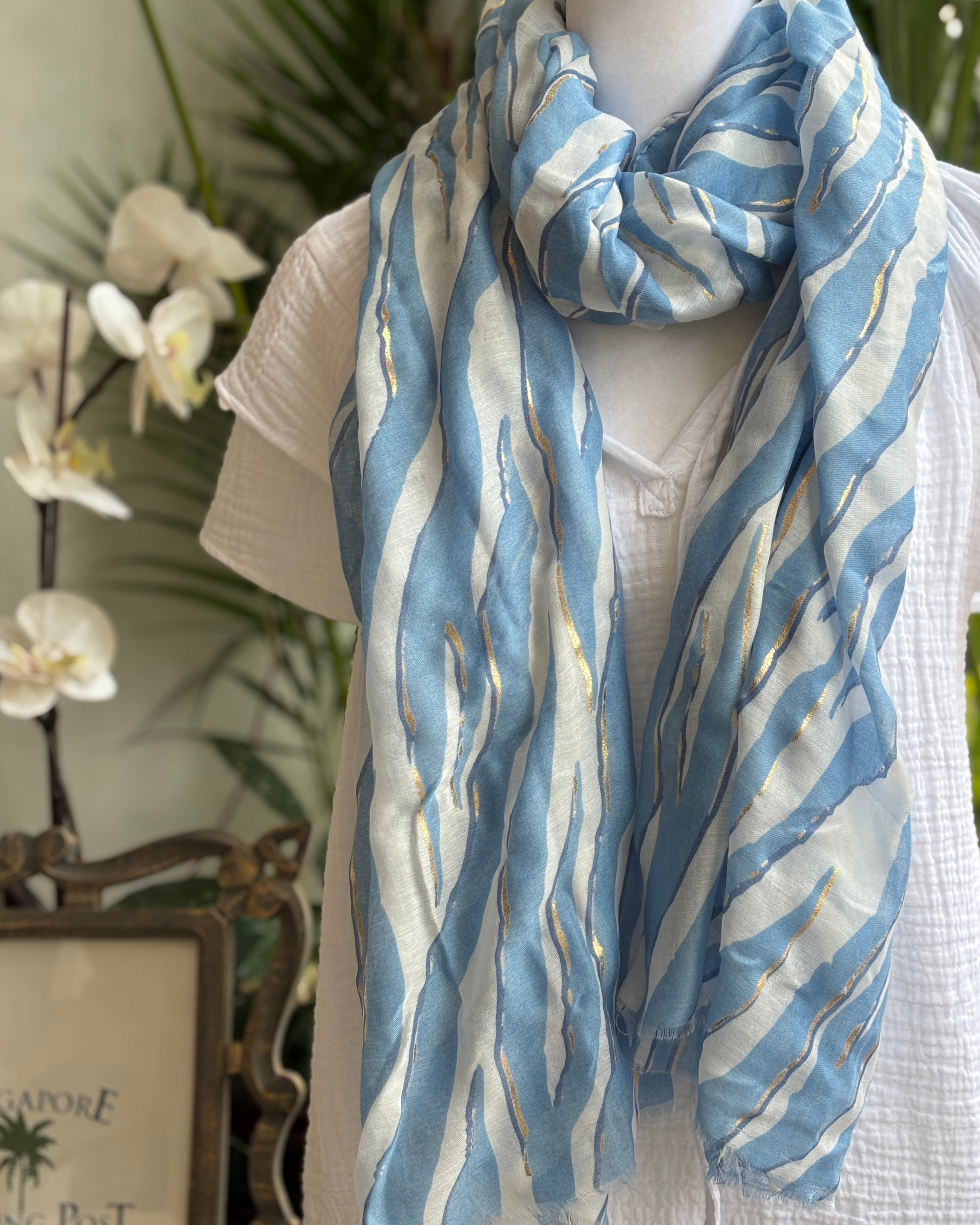 Pale Blue & Gold Zebra Scarf
