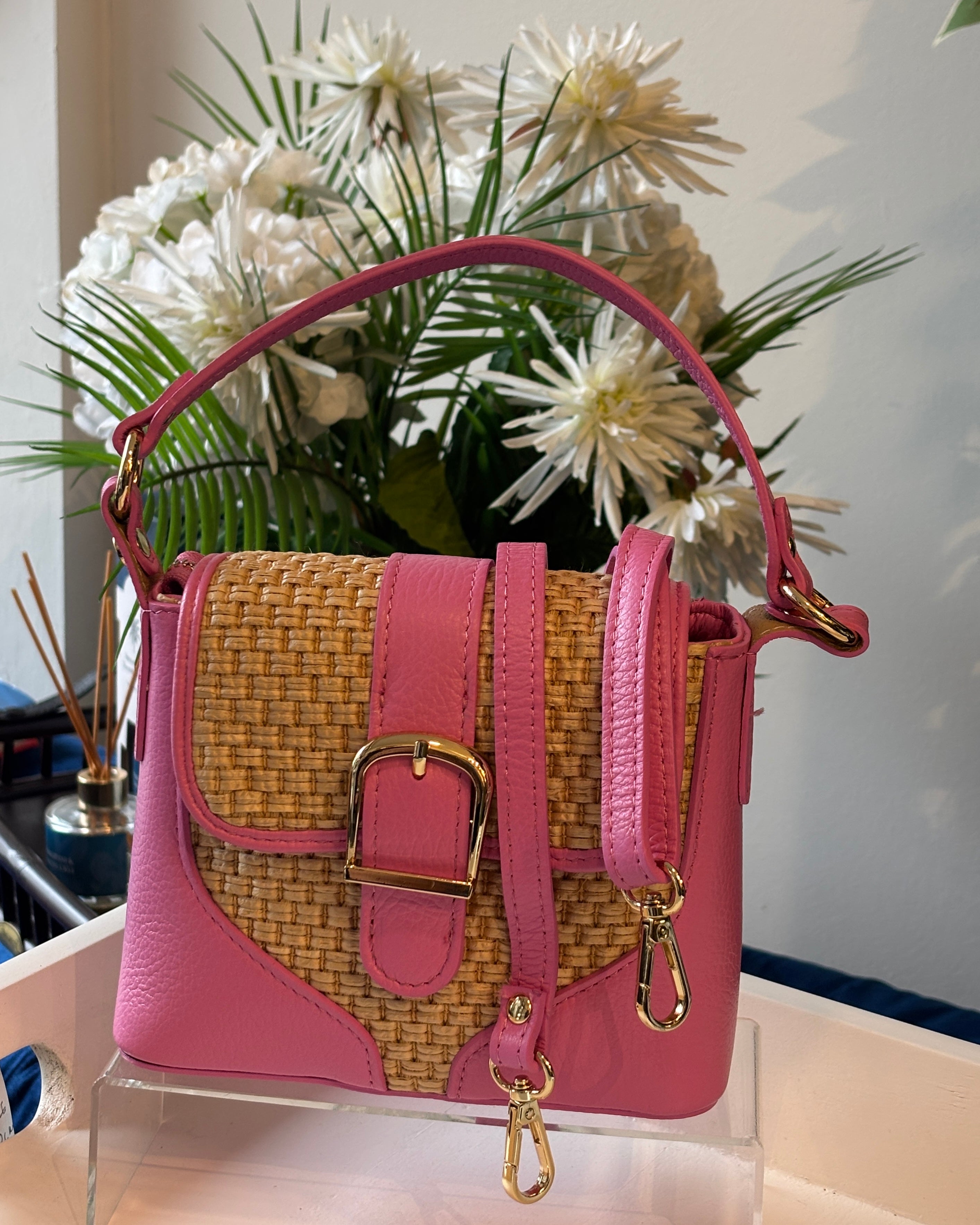 Capri Leather/Raffia Bag - Pink