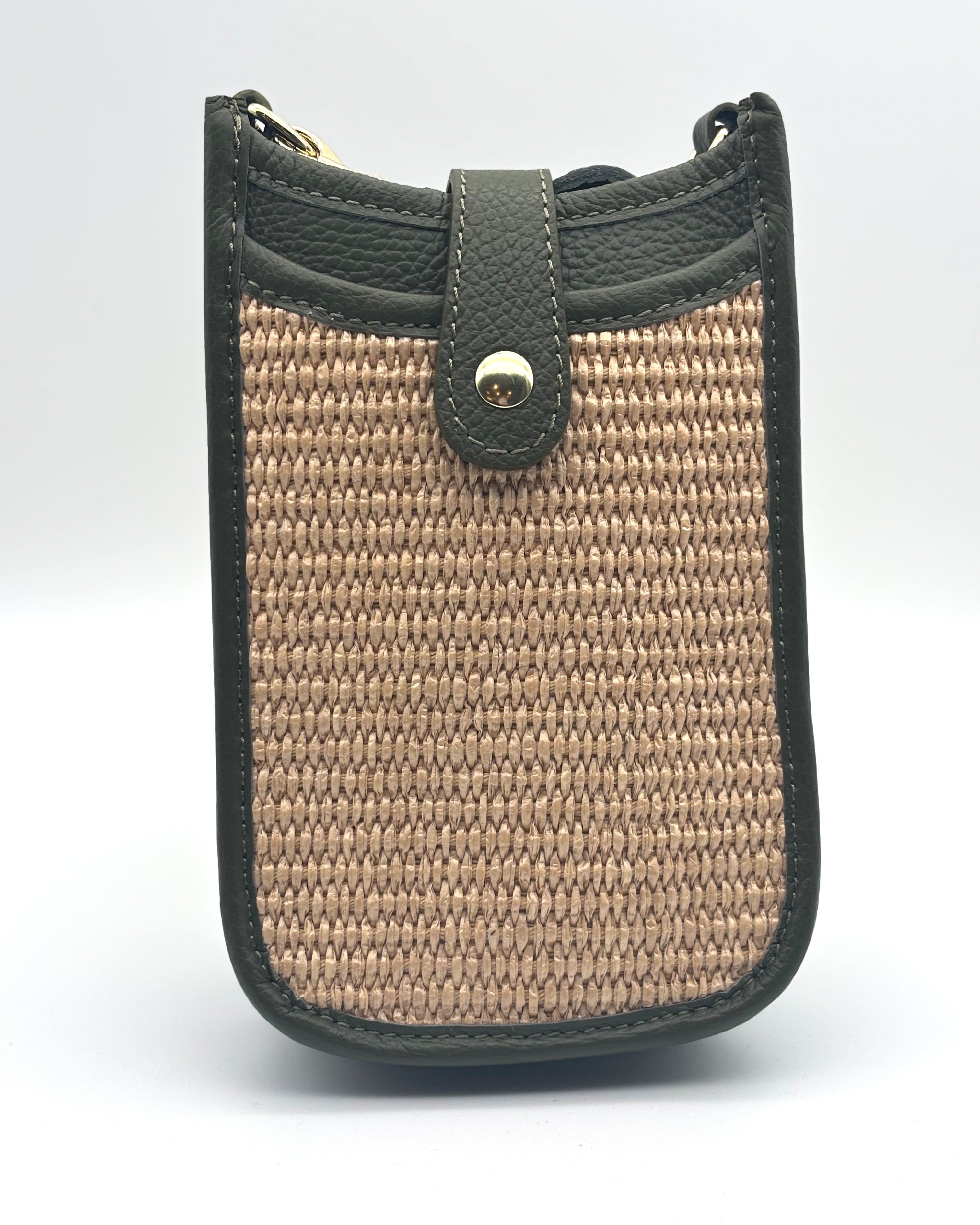 Cortona Raffia/Leather Phone Bag - Olive
