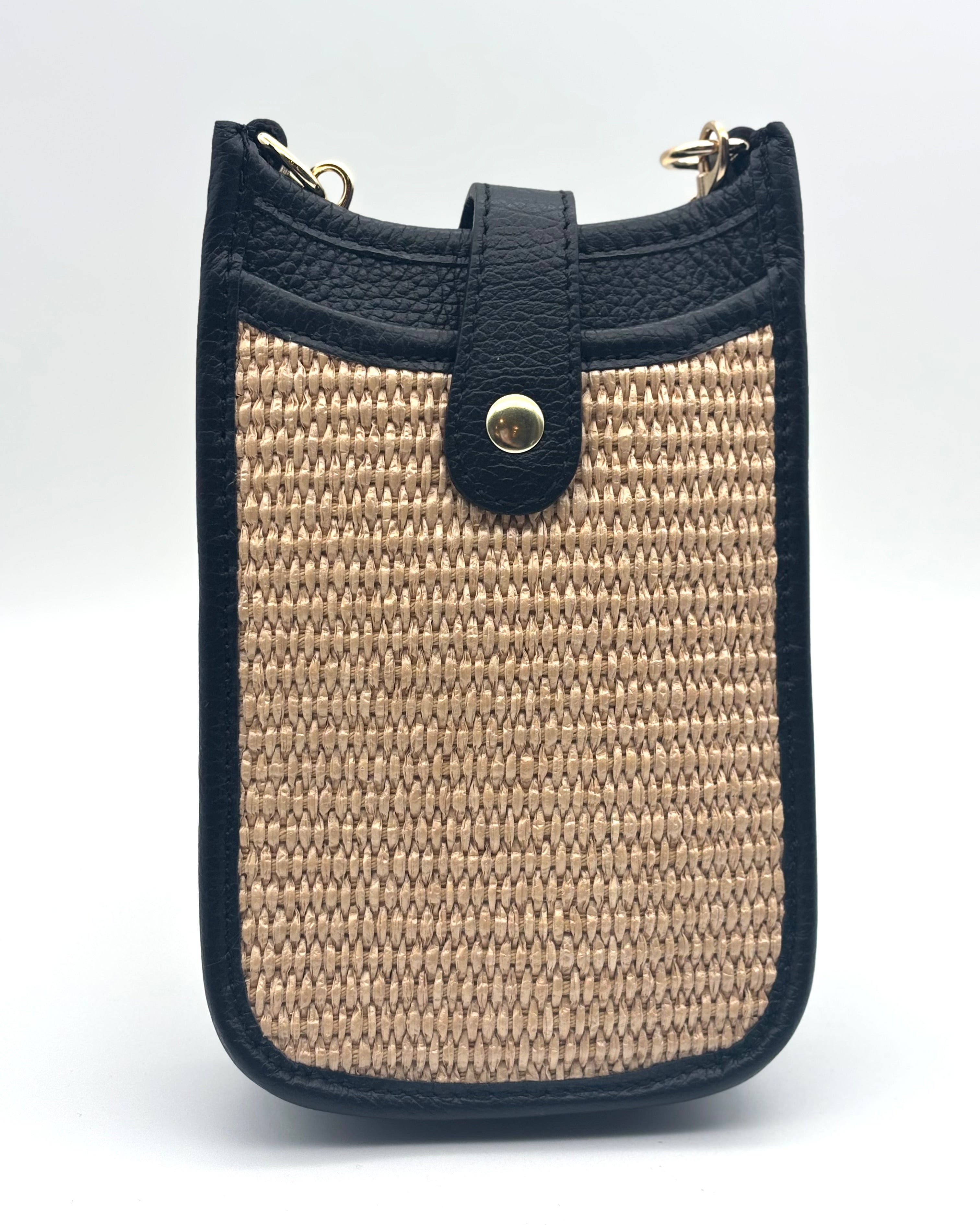 Cortona Raffia/Leather Phone Bag - Black