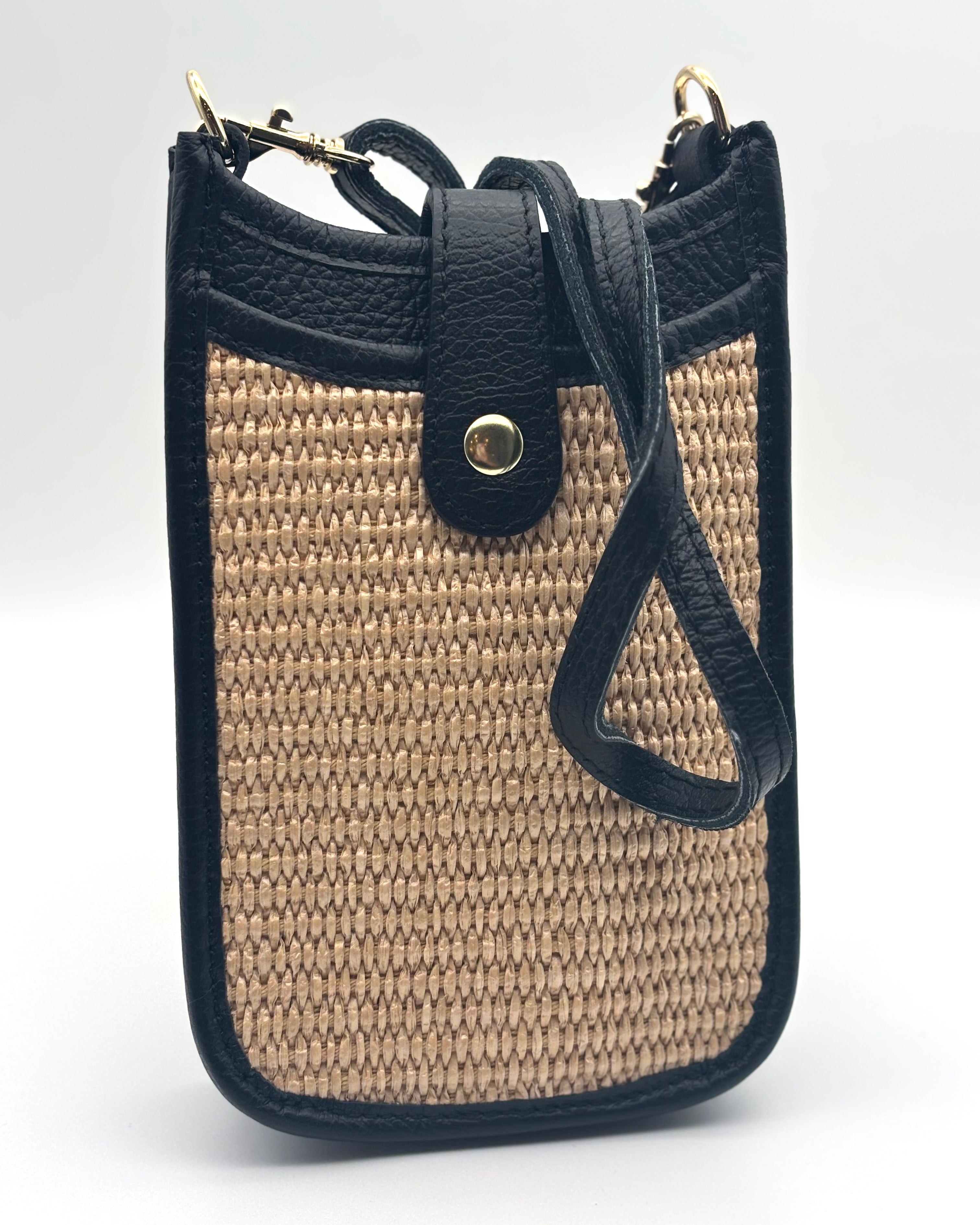 Cortona Raffia/Leather Phone Bag - Black