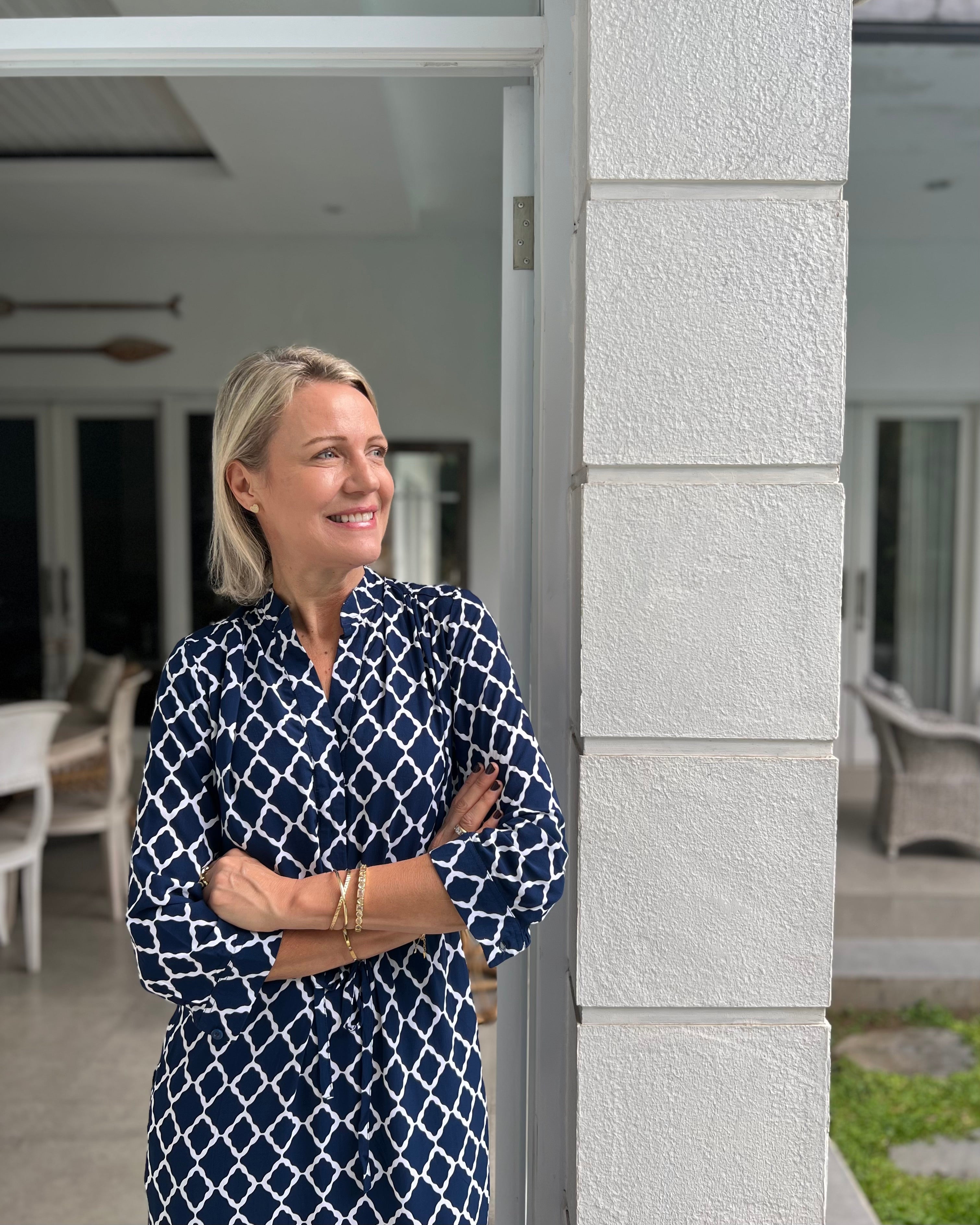 Eva Long Dress - Navy/White Marquis